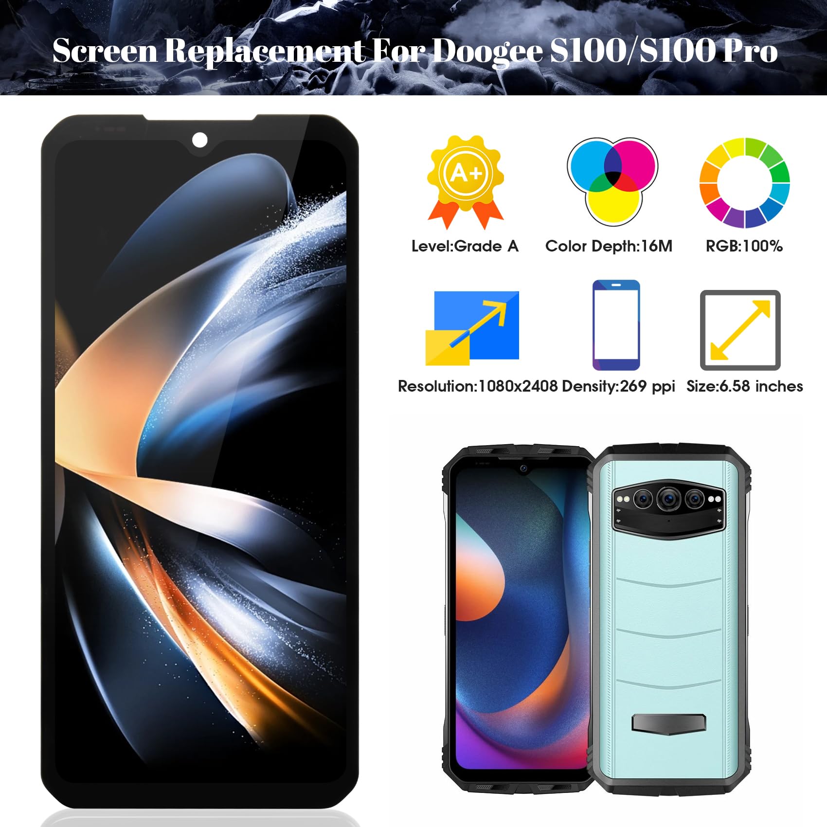Schermo di ricambio per Doogee S100/S100 Pro, display LCD per Doogee S100 Pro, touch screen, digitalizzatore con kit di riparazione (nero)