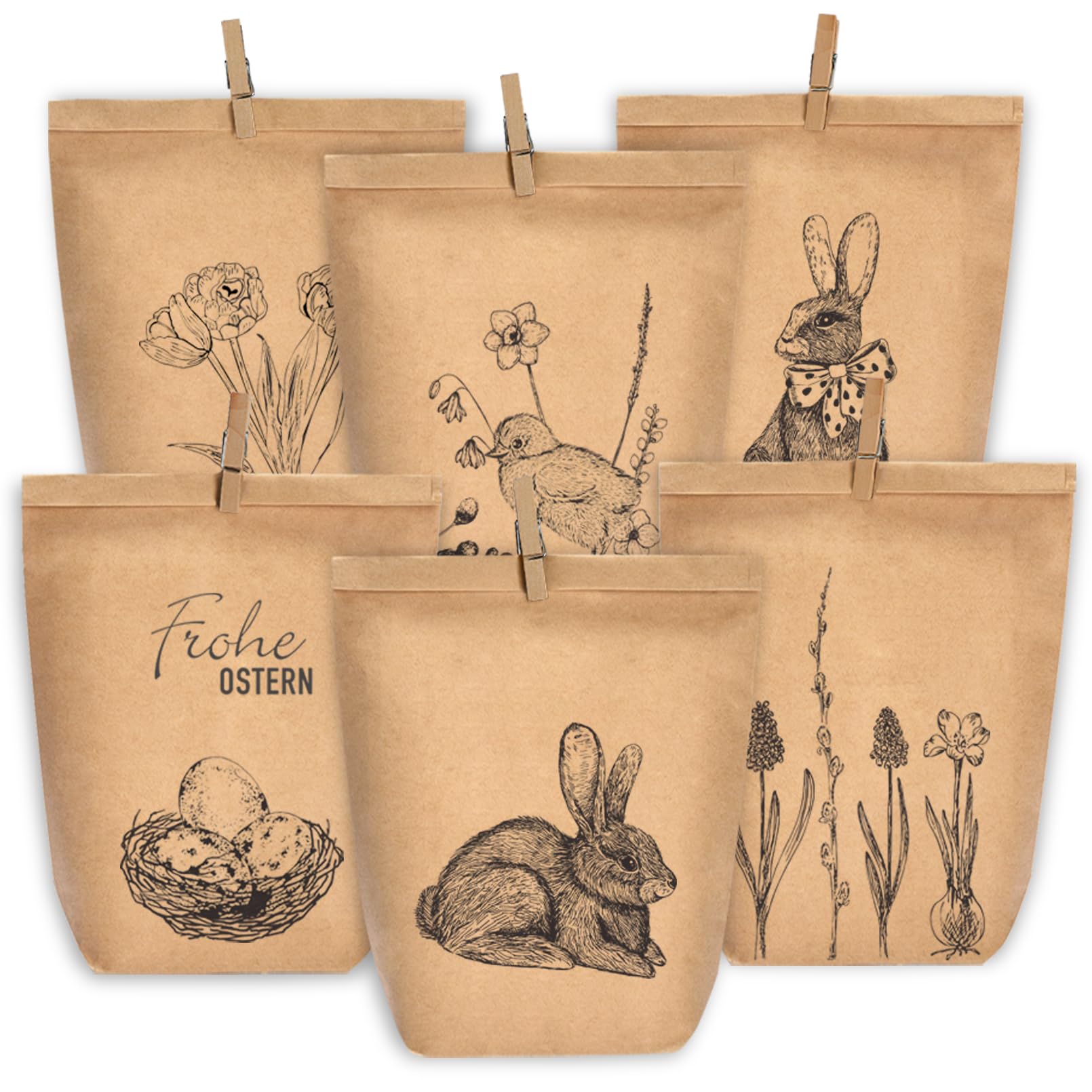 KOHMUI Ostertüten zum Befüllen, 12 Geschenktüten Ostern, Ostermotive Schwarz Bedruckte Tüten mit Klammern, Osterhasen Basteln Set für Kinder