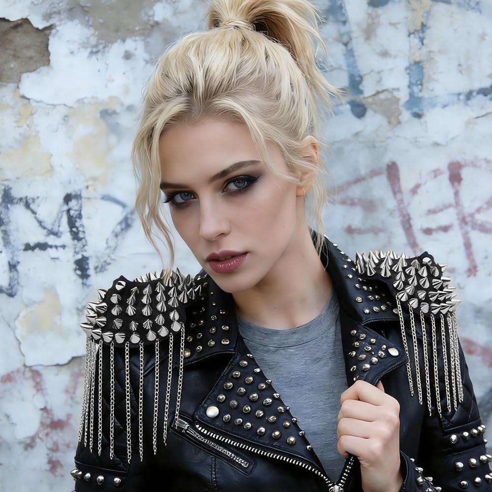 AHANDMAKER 1 Pair Rivet Tassel Epaulets Rivet Shoulder Epaulets Detachable Punk Style Shoulder Badge Fringe Shoulders Boards Badge for Man Woman Leather Jacket Windbreaker Coat, Platinum
