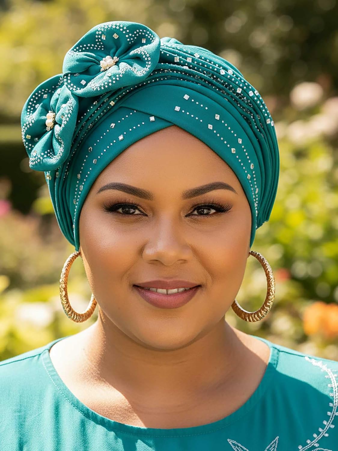 Woeoe Beanie Cap Head Wrap Black Rhinestones Head Scarf Flower Pearls Twisted Head Turban for Women Girls - Image 4