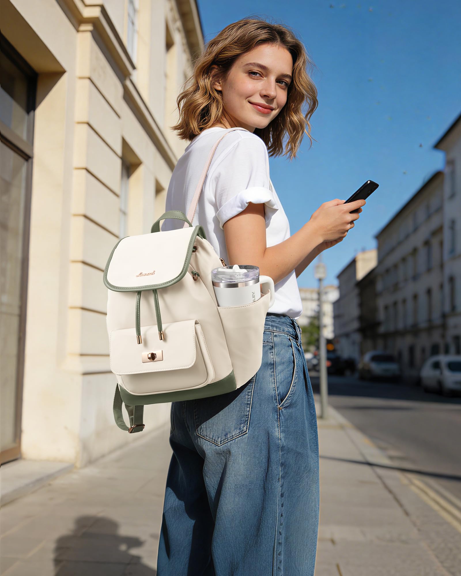 LOVEVOOK Rucksack Damen Klein, Leichter Cityrucksack Damen, Mini Backpack Elegant, Tagesrucksack mit Große Wasserflaschentasche, Backpack Women für Arbeit, Alltag, Reise, Uni, Beige-grün