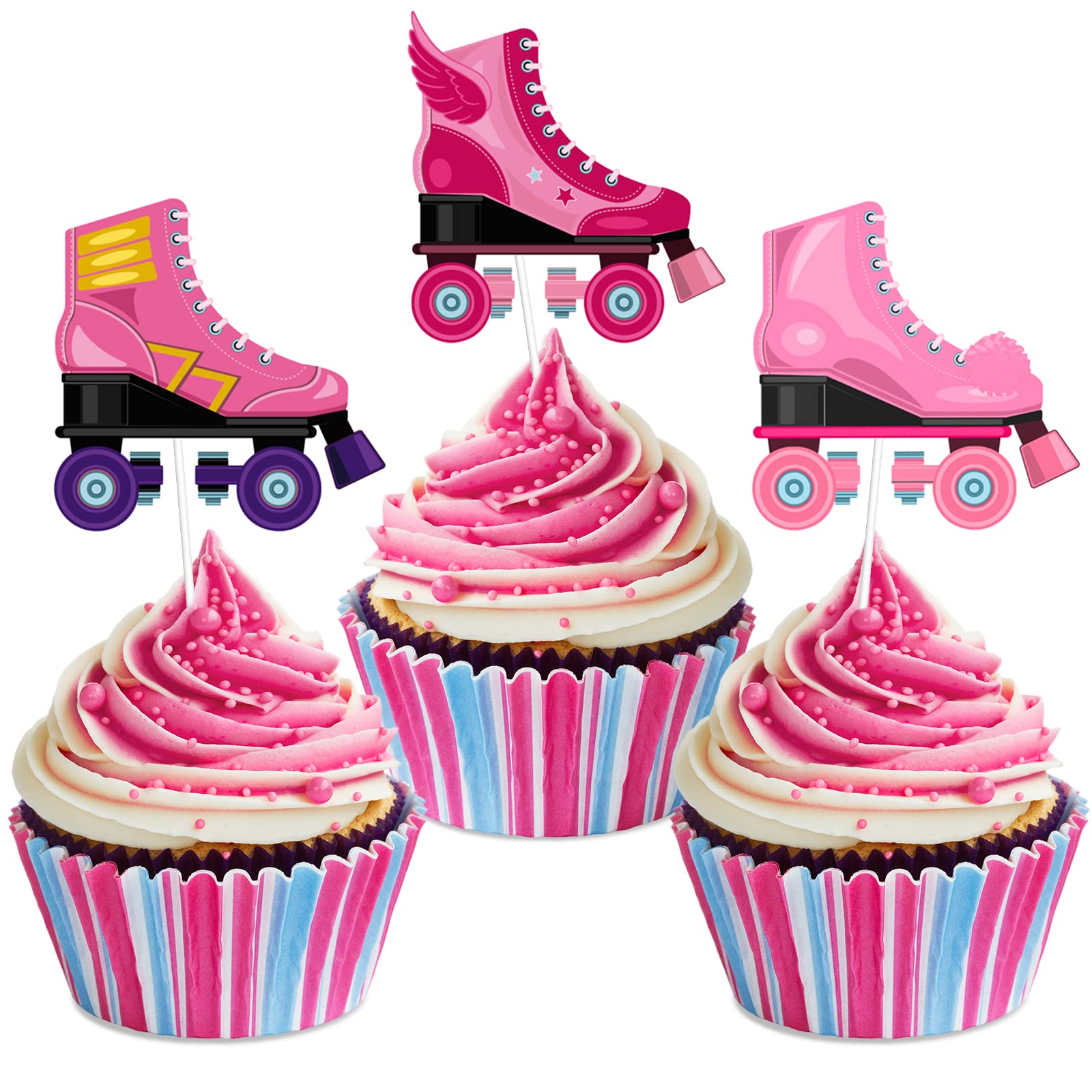Snapklik.com : 48pcs Pink Roller Skat Cupcake Toppers - Girls Roller ...