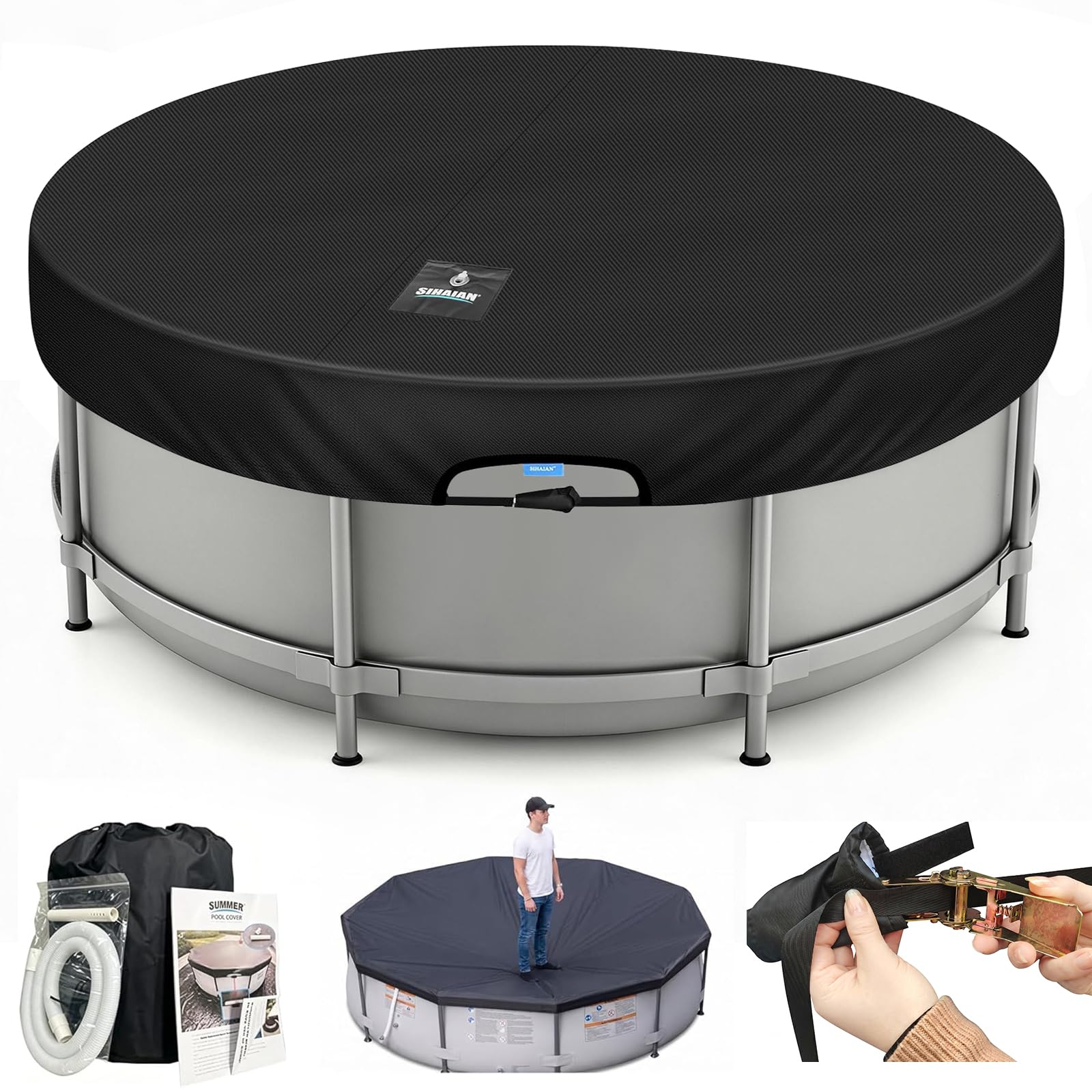 SIHAIAN 28 Ft Round Pool Cover, with Automatic Drain Pool Cover, Patented One-Piece Tensioning System Above Ground Pool Cover, Preventing Waterlogging, Yarn-dyed Oxford Fabric Solar Pool Cover โ image 1