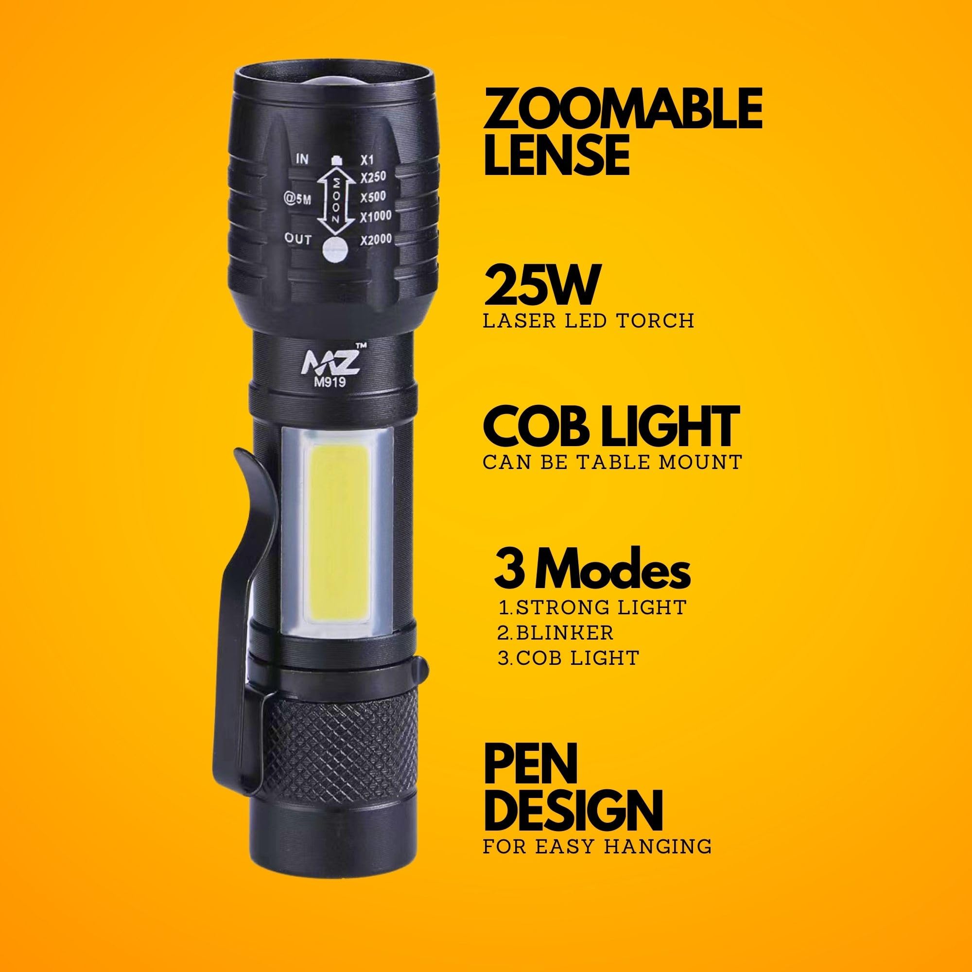 mermer　xs MZ M919 Zoomable Metal LED Torch - Black | with Emergency SOS