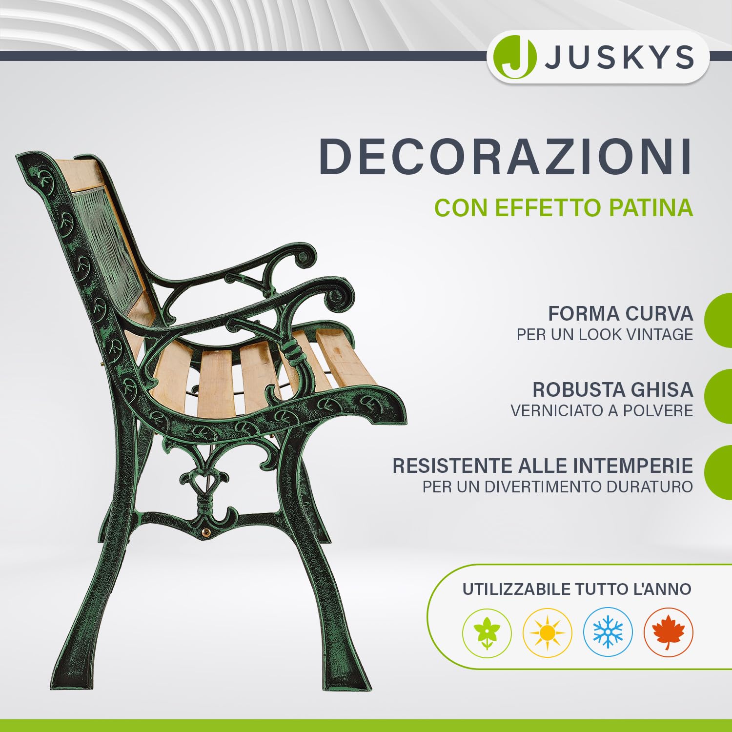Juskys Panchina da giardino Pisa - Panchina in legno per 2 persone con braccioli e schienale - Resistente alle intemperie 122x54x73 cm - Elementi laterali in ghisa