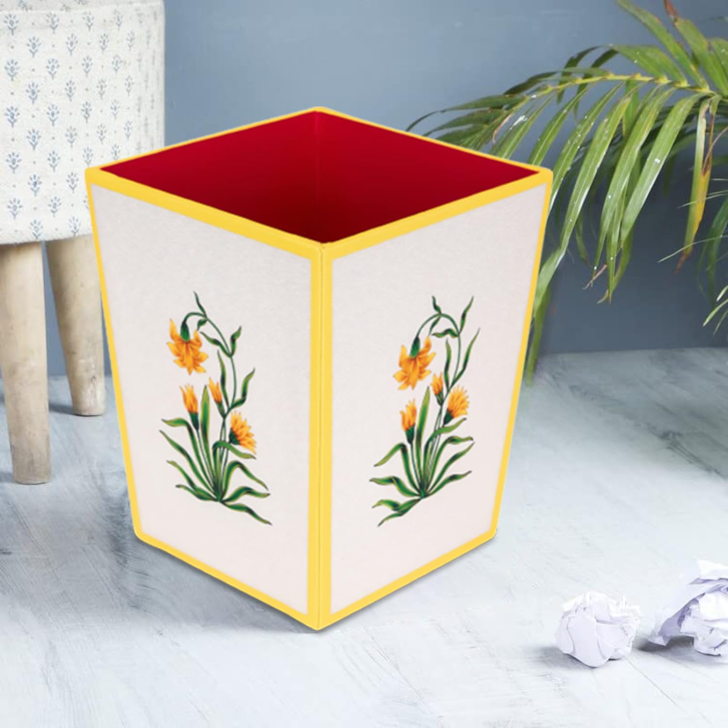 SEJ by Nisha Gupta Wooden Dustbin For Bedroom | Open-Top Waste Dustbins 11.5L Open Dry Waste Dustbin For Home & Office | Garbage Bin Trash Can | Wooden Bin MDF Wood Fabric Design