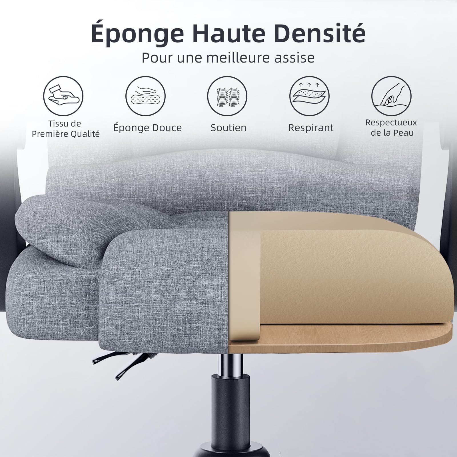 naspaluro Fauteuil Bureau, Chaise Ergonomique avec Large Assise Rembourrée, Siège de Bureau Inclinable Hauteur Réglable, Roulette Silencieuse, Coton et Lin, Gris