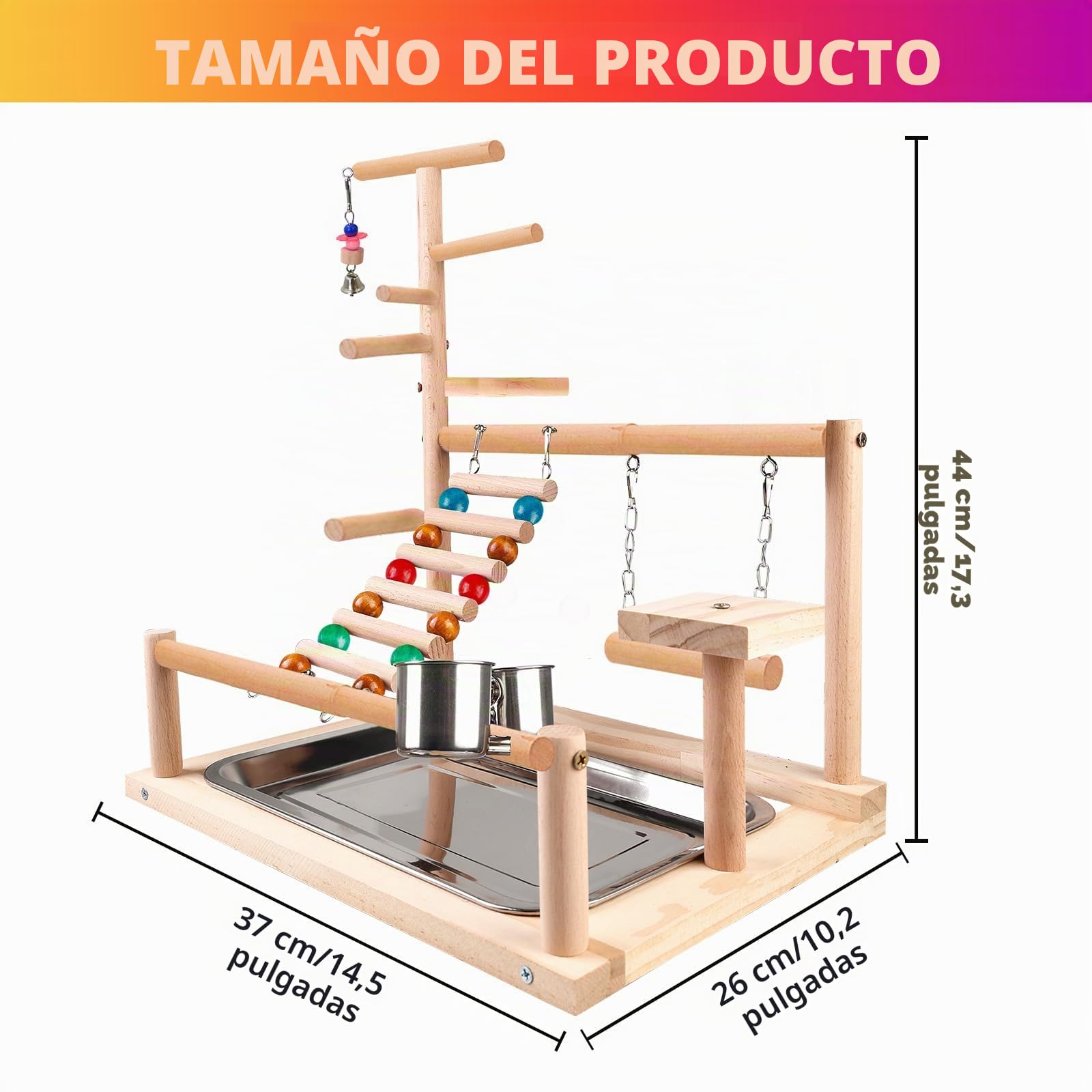 Juguete para pájaros, juguete para loros, juguete para periquitos, parque infantil con copa alimentadora, escalada, columpio y bandeja, asiento para periquitos, cacatúas, 37 x 26 x 44 cm
