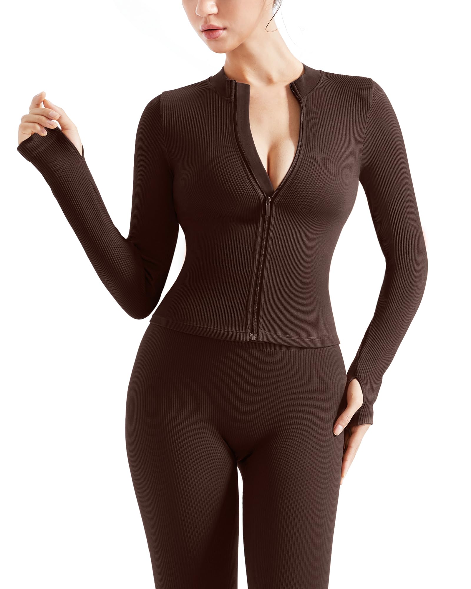 SUUKSESS Conjunto de entrenamiento acanalado sin costuras de 2 piezas para mujer, con chaqueta con cremallera, cintura alta, leggings de yoga para gimnasio