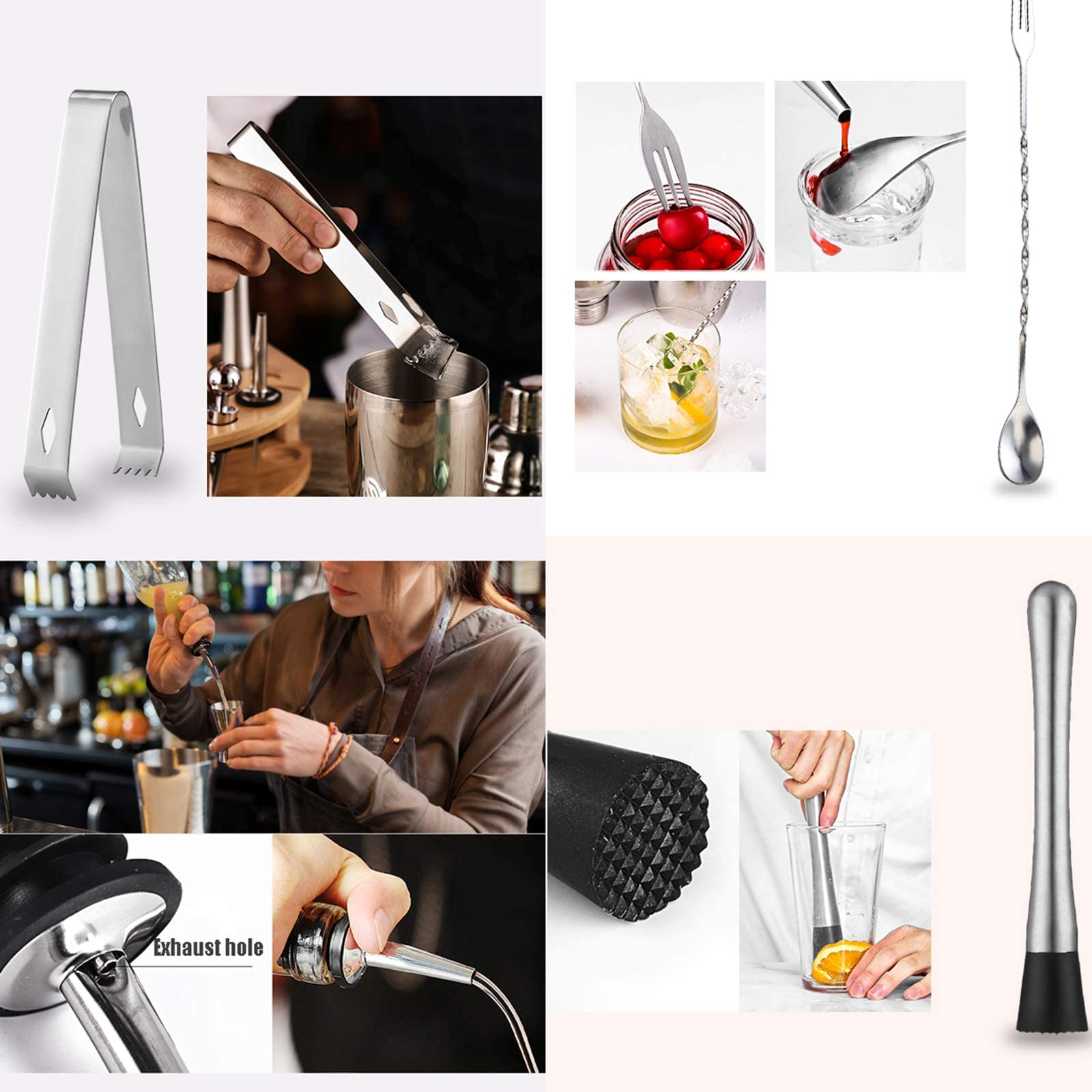 Coctelera Juego de coctelera Juego de coctelera con soporte, Juego de barra para mezclar bebidas - Coctelera de Martini, Jigger, Colador, Cuchara mezcladora de barra, Pinzas, Abrebotellas, El mej
