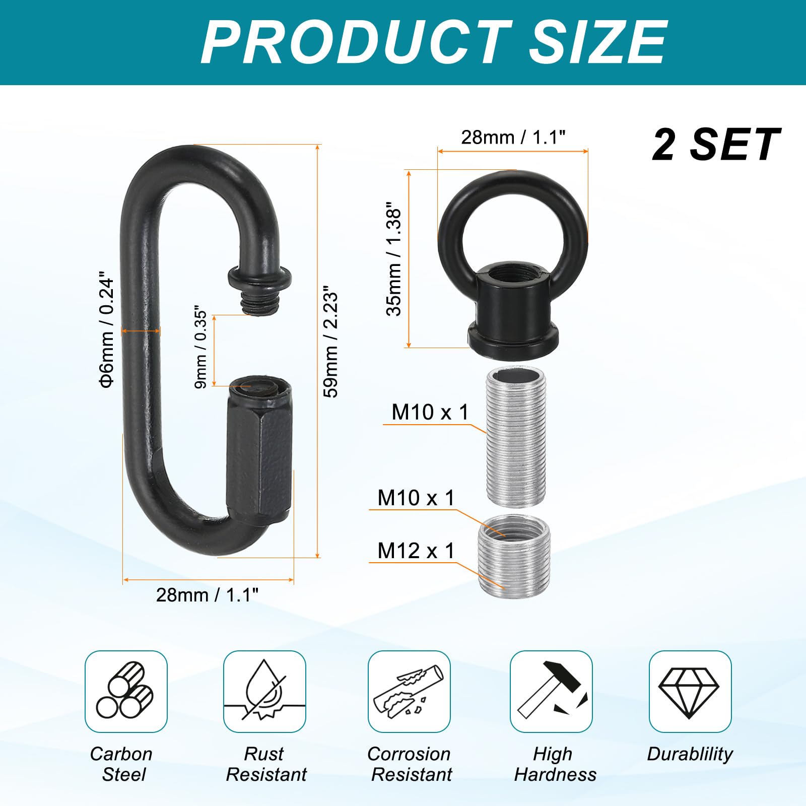 PATIKIL M10 Fine Thread Lamp Female Loop Holder with M12 Adapter Chain Quick Link - Image 2