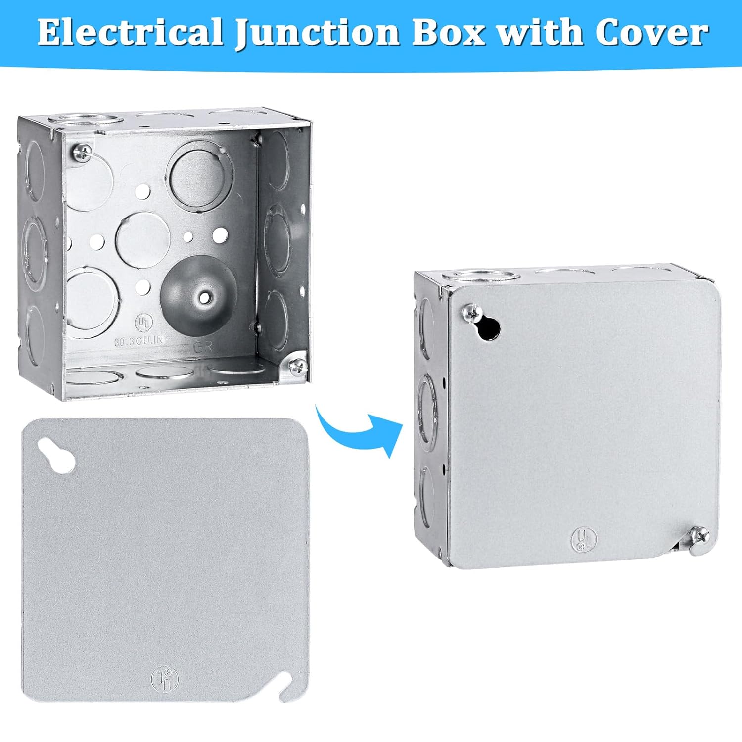 OwnMy 4 Inch Square Electrical Junction Box with Cover, Metal Welded Electrical Box with Ten 1/2" and Six MKO Knockouts, 2-1/8" Deep, 30.3 Cu. in. Capacity Metal Electrical Outlet Cover Box, 4 Packs