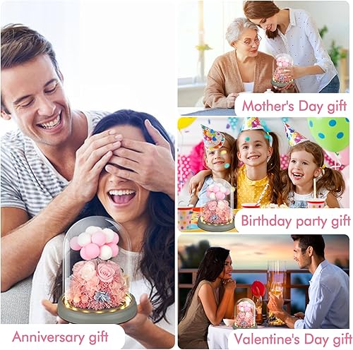 Miniatura 5 de Rosa 100% real en cúpula de cristal, flores preservadas con luz LED, flor eterna con decoración de globos de arcilla, para cumpleaños, aniversario,