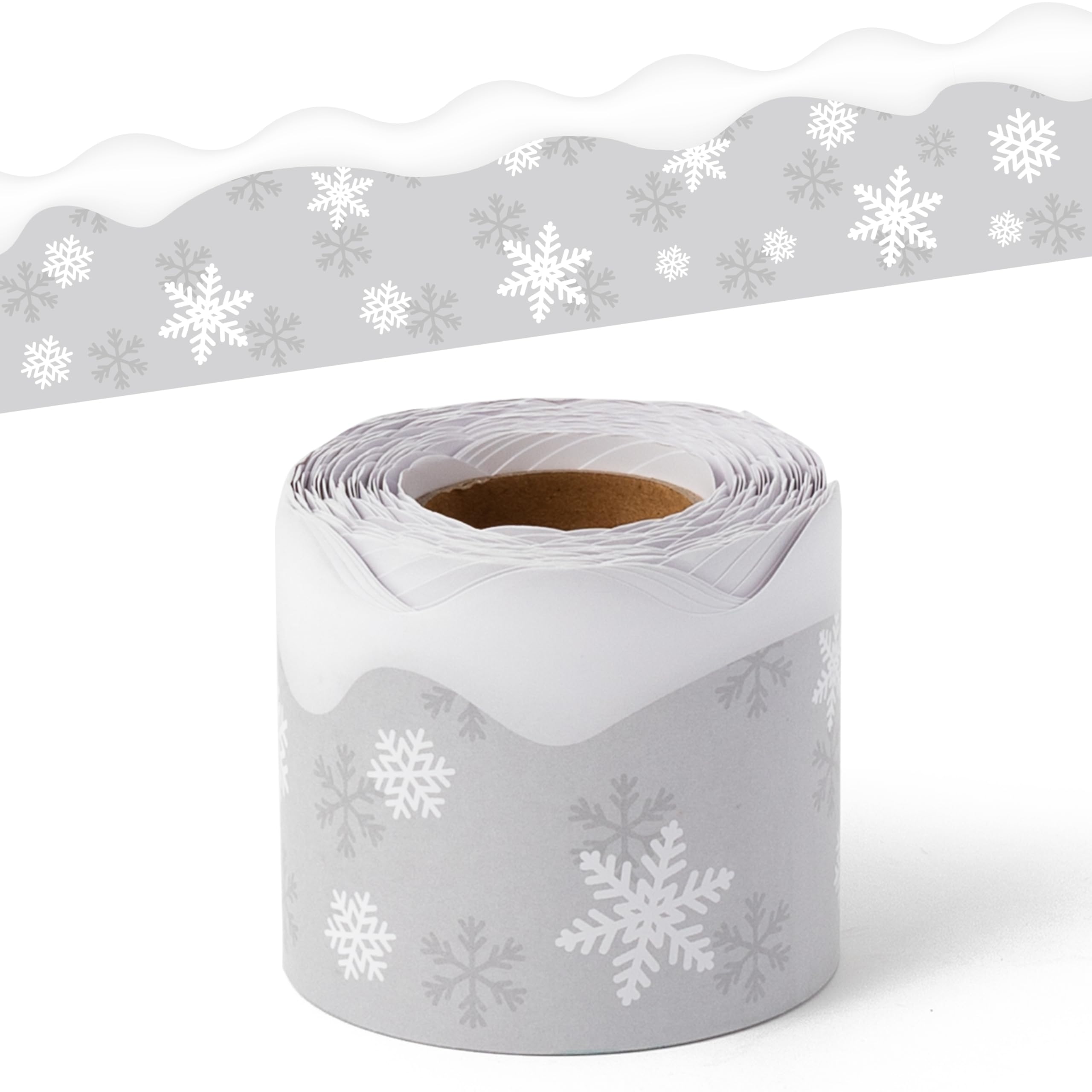 BeYumi Winter Snowflake Border Trim - 65ft Winter Christmas Gray Snowflake Scalloped Rolled Border Trim Xmas Snowflakes Themed Bulletin Board Borders School Classroom Office Chalkboard Party Decor