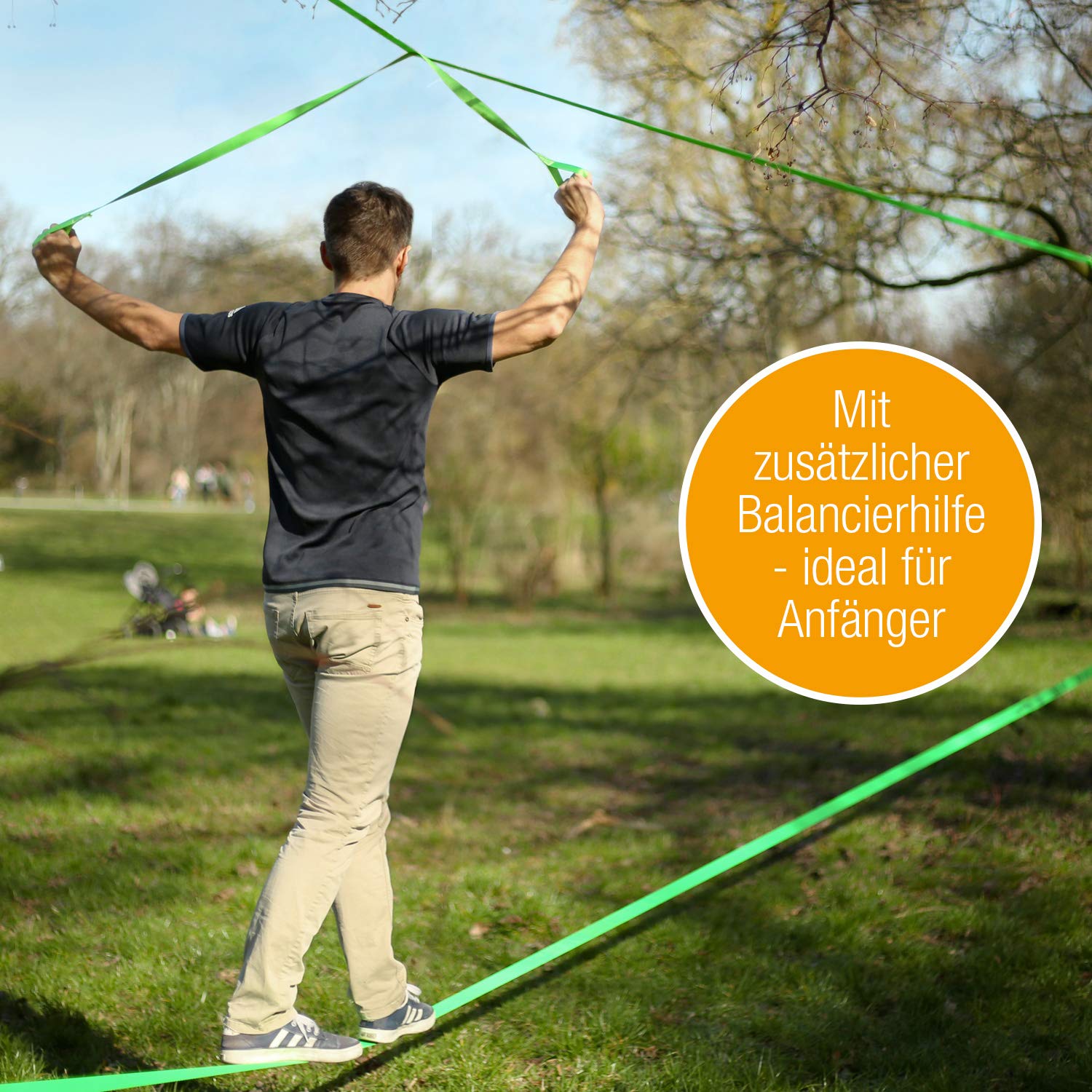 High Pulse® Slackline Set | 15 m – Komplettes Slackline-Set (12,5 m Band + 2,5 m Ratschenband) mit Ratsche, Ratschenschutz, Hilfsline, Balancierhilfe, Baumschutz und Transportbeutel