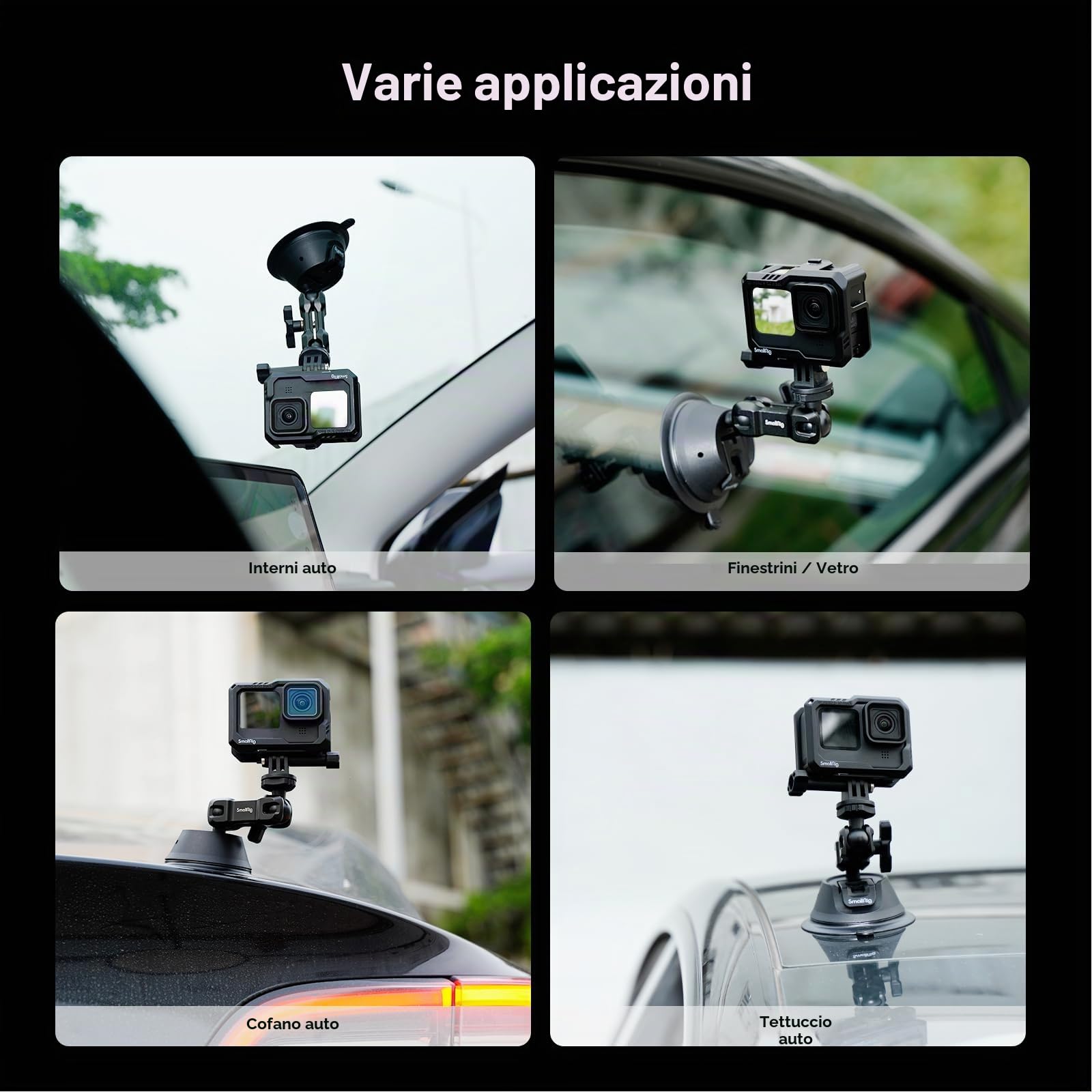 SMALLRIG Supporto a Ventosa a Doppio Strato per GoPro Hero 12/11/10/9, per DJI Osmo Action/Procket, per Insta360 X3, Supporto per Doppia Testa a Sfera Rotazione a 360° - 4193