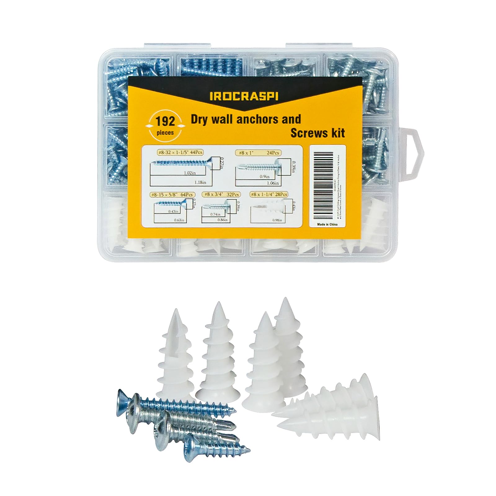 IROCRASPI 192Pcs Self Tapping Screws Drywall Anchors and Sheet Metal Screw Assortment,4 Size Kit for Installing Drywall, Wood,Metal Sheet Materials