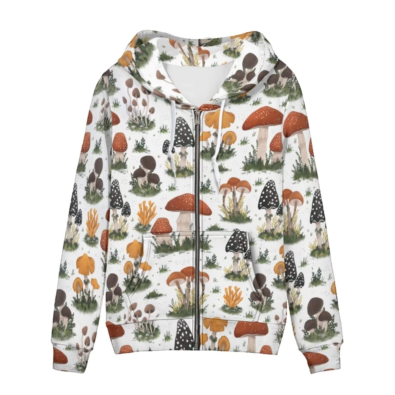 HUIACONG Damska bluza z kapturem zapinana na zamek błyskawiczny dla nastolatek sweter XS-5XL rozmiar, Różnorodność grzybów białe, XS