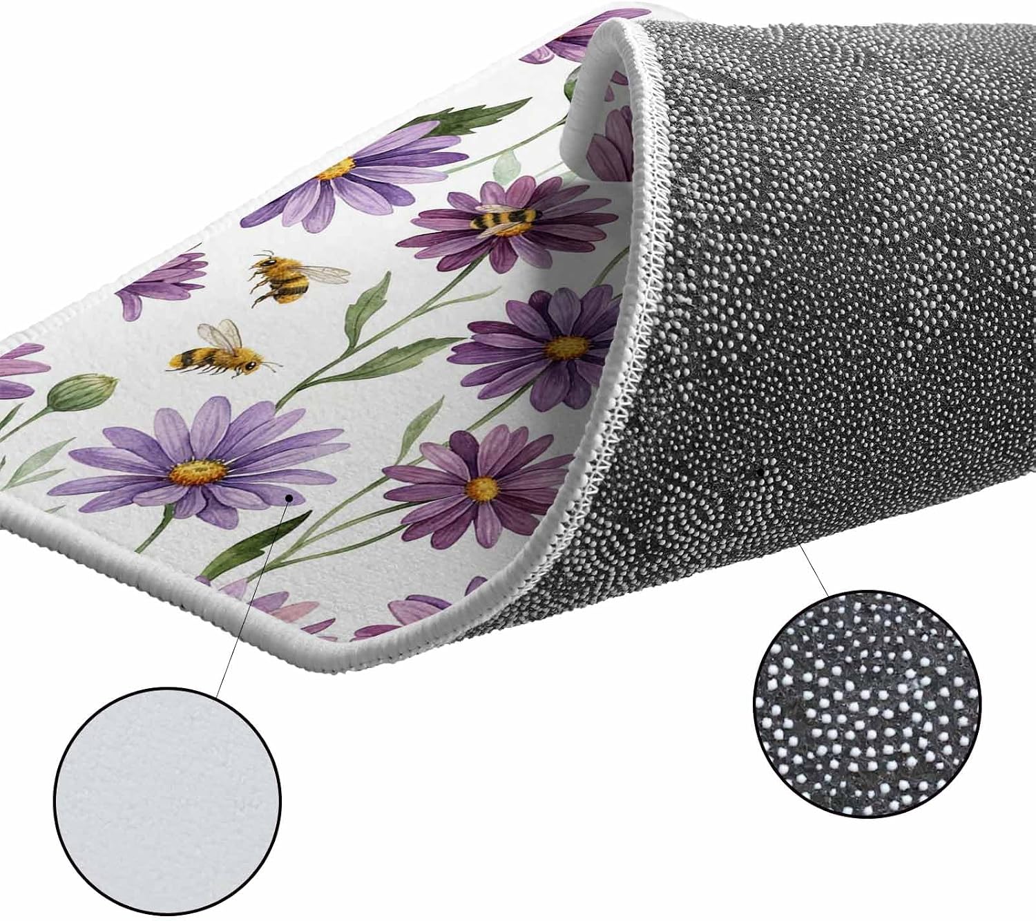 Purple Spring Floral Kitchen Rugs and Mats Set of 2, Non-Slip Kitchen Sink Mat, Summer Botanical Bee Floral Daisy Washable Doormat Bathroom Rugs Runner for Bedroom/Living Room 17.7"x30"+17.7"x47.2"