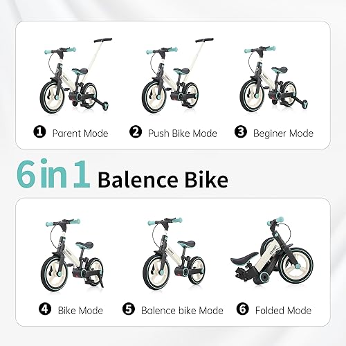 Miniatura 3 de Bicicleta de equilibrio con mango de empuje para niños de 1 a 3 años, bicicleta de empuje plegable 6 en 1 con ruedas y pedales de entrenamiento,