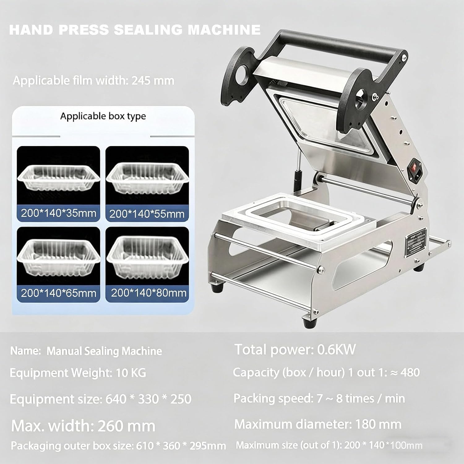 Handdruck-Schalenverschließer aus Edelstahl - 7-8 Verschlüsse/Minute, tragbare Tischverschließmaschine für Restaurant, Bäckerei, Feinkost & Kleinunternehmen (Takeaway-Box Sealer)