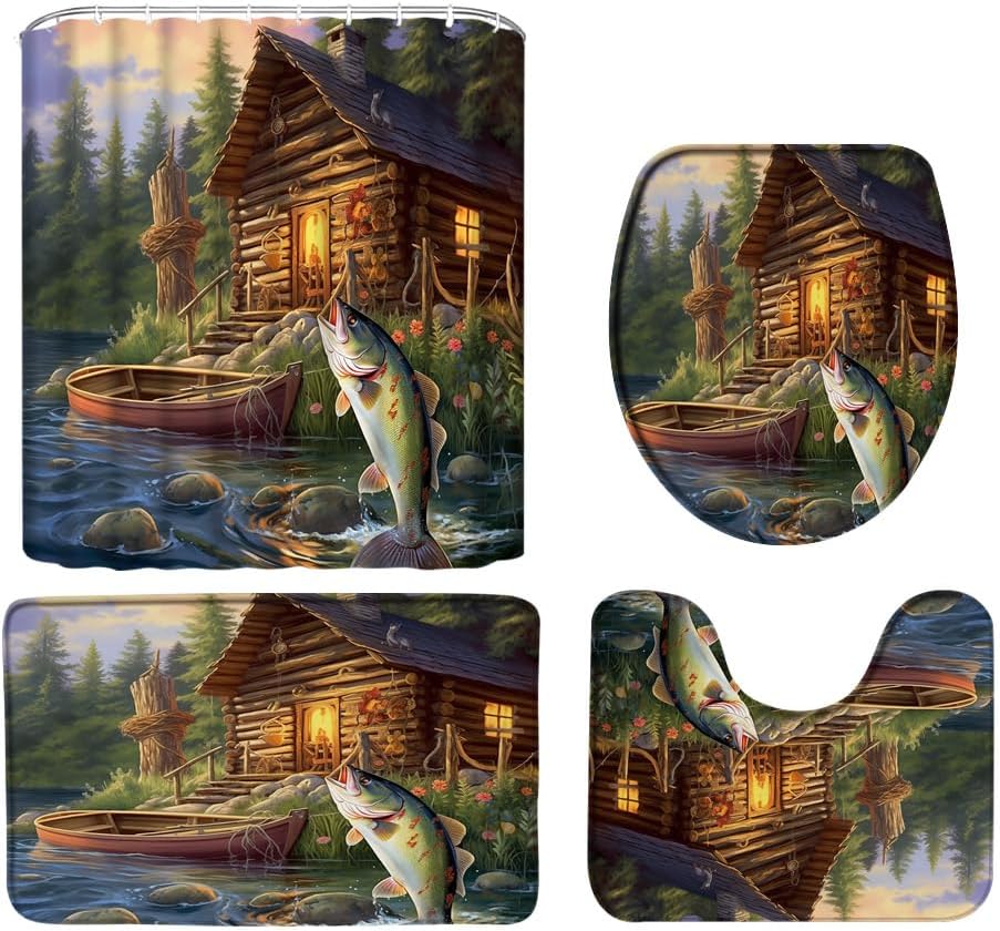 4pcs Fishing Shower Curtain Set with Rug,Rustic Farmhouse Cabin Forest Lake Fish Animals Camping Bathroom Set with Hooks(Bath Mat,U Shape and Toilet Lid Cover Mat)