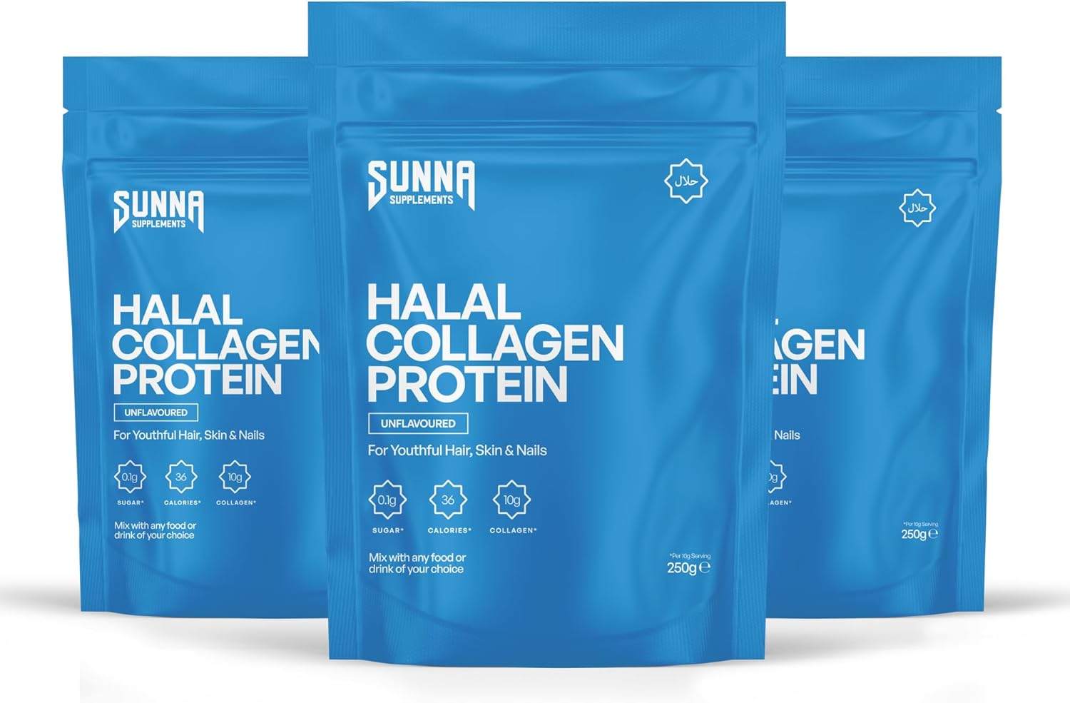 SUNNA SUPPLEMENTS Grass-Fed Halal Collagen Powder Pack of 3 - Type I & III Hydrolyzed Bovine Peptides for Joint, Skin, Hair & Nail Support, Gluten-Free, Keto & Paleo Friendly - Unflavored