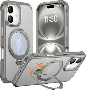  Designed for iPhone 16 Case,[with 360°Rotatable Invisible Magnetic O-Ring Stand][Military Grade Shockproof][Compatible with MagSafe] Anti-Slip Translucent Matte Phone Case 6.1"