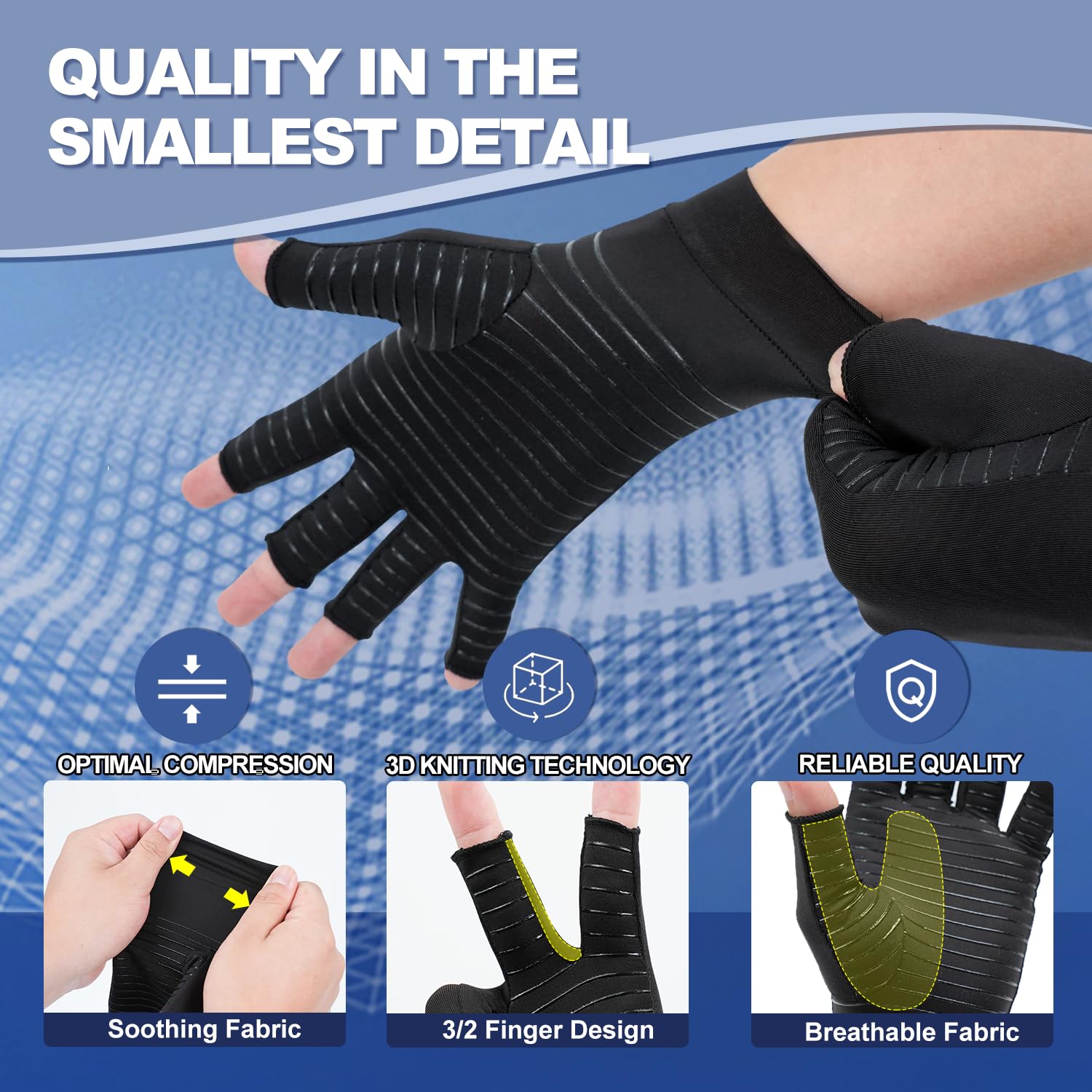 DRNAIETY 2 Pairs Copper Arthritis Compression Gloves for Women and Men, for Arthritis Hand Pain, Anti-Slip, Fingerless, Comfortable for Work, Kept in Motion (Medium) - Image 3