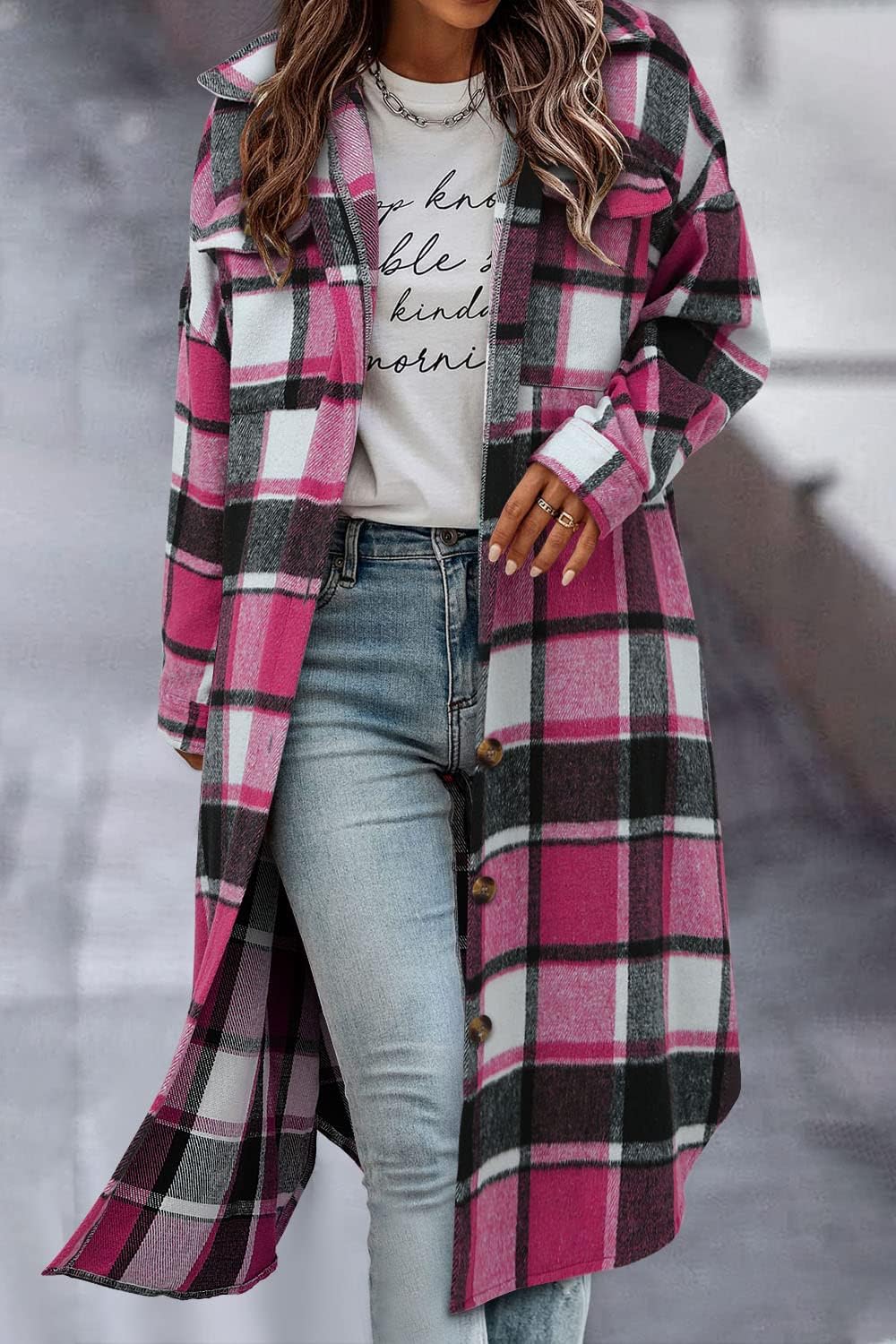 CHICZONE Womens Plaid Shacket Jacket Long Corduroy Shirt Casual Lapel Button Down Flannel Trench Coats - Image 2