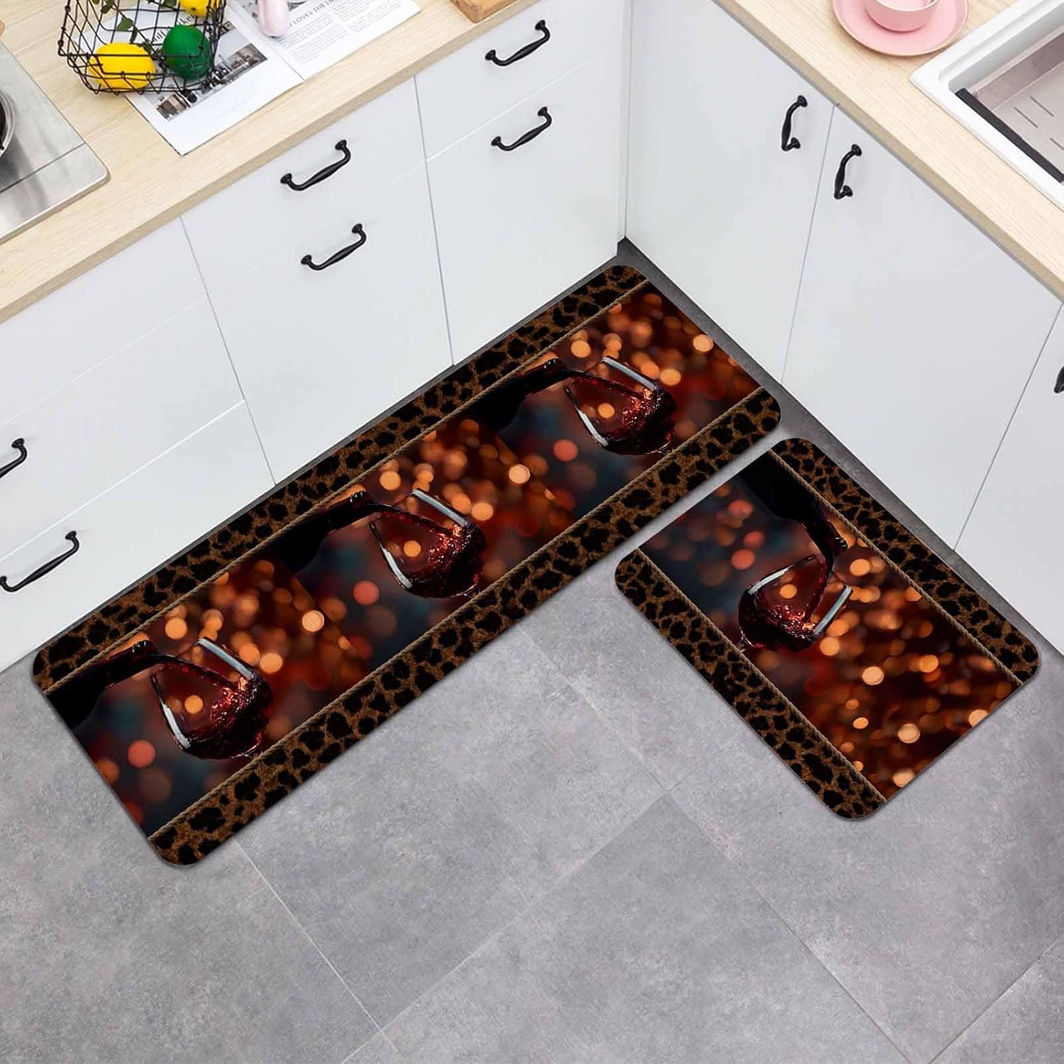 Prime Leader Deep Red Wine Glass Kitchen Mat Set 2 Pieces Brown Leopard Print Lighting Modern Non Slip Kitchen Rugs Washable Runner Rug Mats for Floor Sink Laundry Office 19.7" x 31.5"+19.7" x 63"