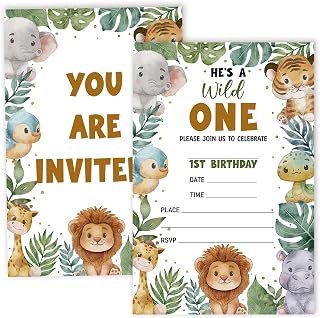 Jungle Animals Birthday Invitation Cards For Girls Boys kids, He's a Wild One Birthday Party Supplies Favors, 20 Fill-In Invitation Cards with Envelopes -05