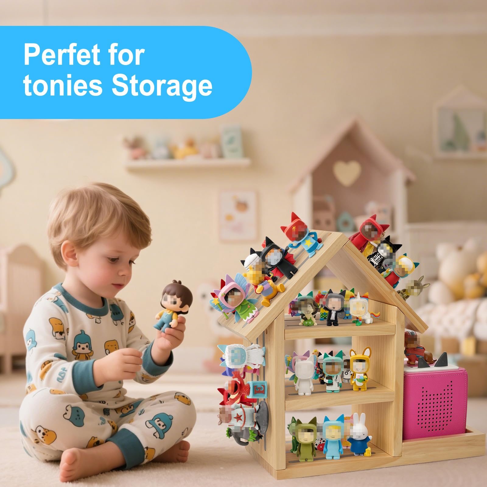 GIEANOO Maison-Form Tonies Regale, Geeignet für TonieBox 2/1 Große Tonie Magnetisches Regal Pinier Wood Wall Regal für 70-80 Tonies Figuren Organisateur Lagerung Toni Anzeige Regale Mädchen und Junge