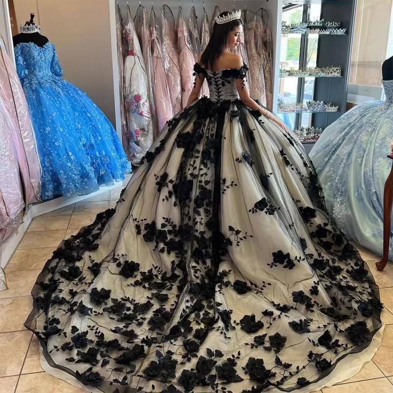 Mauuwy Black 3D Floral Tulle Quinceanera Dresses Pearly Prom Dresses with Train Beaded Off Shoulder Gothic Sweet 16 Dresses2
