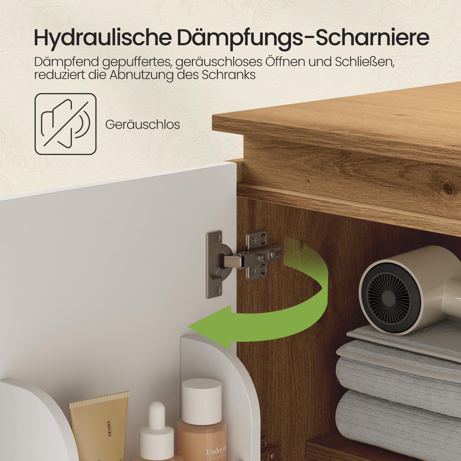EUGAD Waschbeckenunterschrank, Badezimmerschrank, 2 Fächer hinter den Türen, mit verstellbarem Einlegeboden, 70 x 40 x 65 cm, Weiß und braune Holzoptik