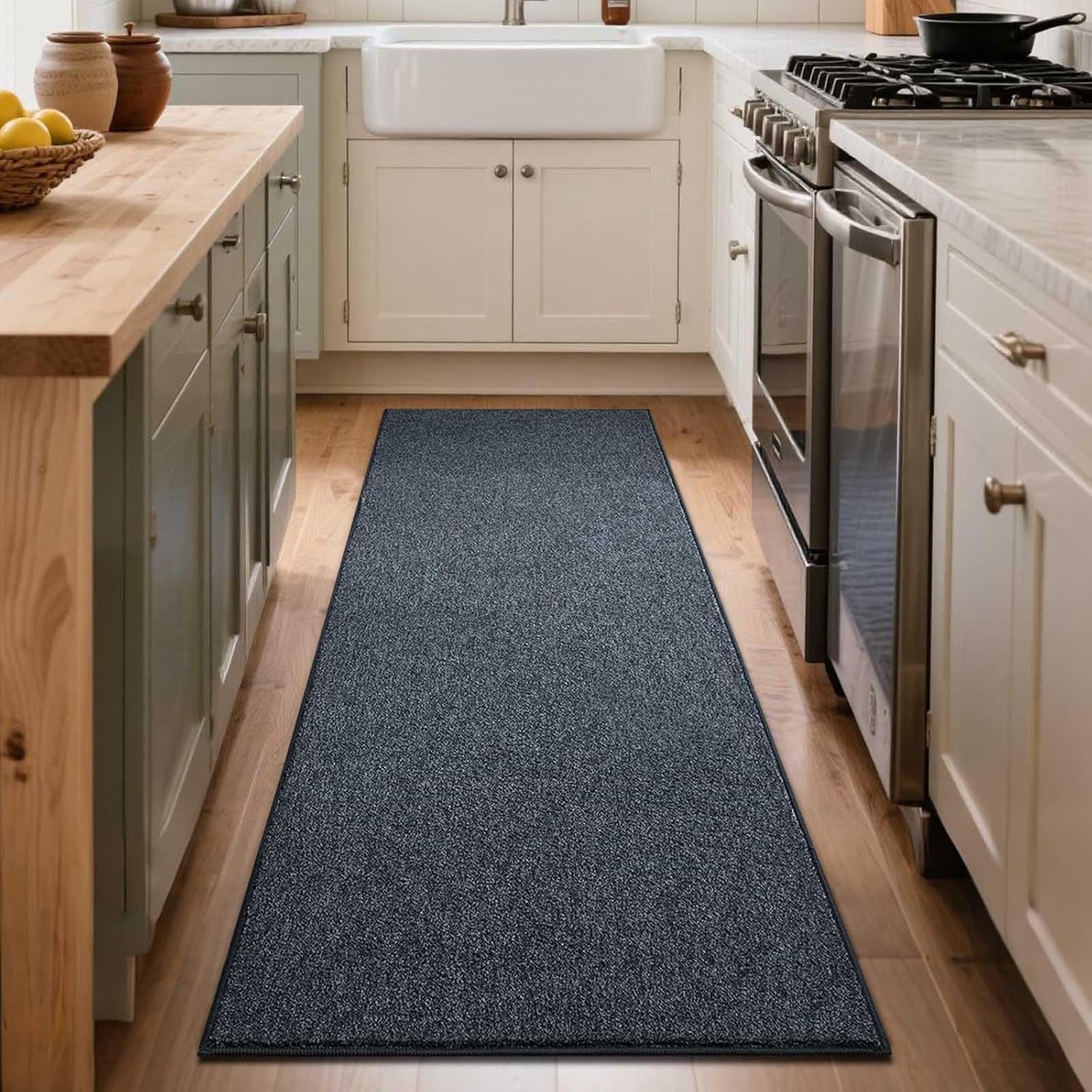 FinRèc 2x6 Washable Runner Rugs for Kitchen Hallway Bedroom, Low Pile Thin Rug Solid Color, Non-Slip Carpet Indoor for Home Decor (Navy Blue)
