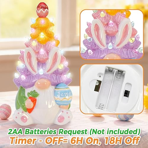 Vista 3 de Temporizador – Decoraciones de Pascua para el hogar – Decoración iluminada de conejo de Pascua, gnomo de primavera, decoración de árbol de cerámica
