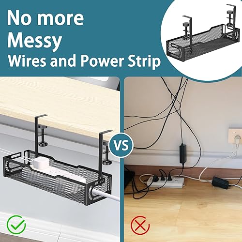 Miniatura 5 de Paquete de 2 bandejas de gestión de cables debajo del escritorio, bandeja de cables de escritorio de malla sin taladro, bandeja de gestión de