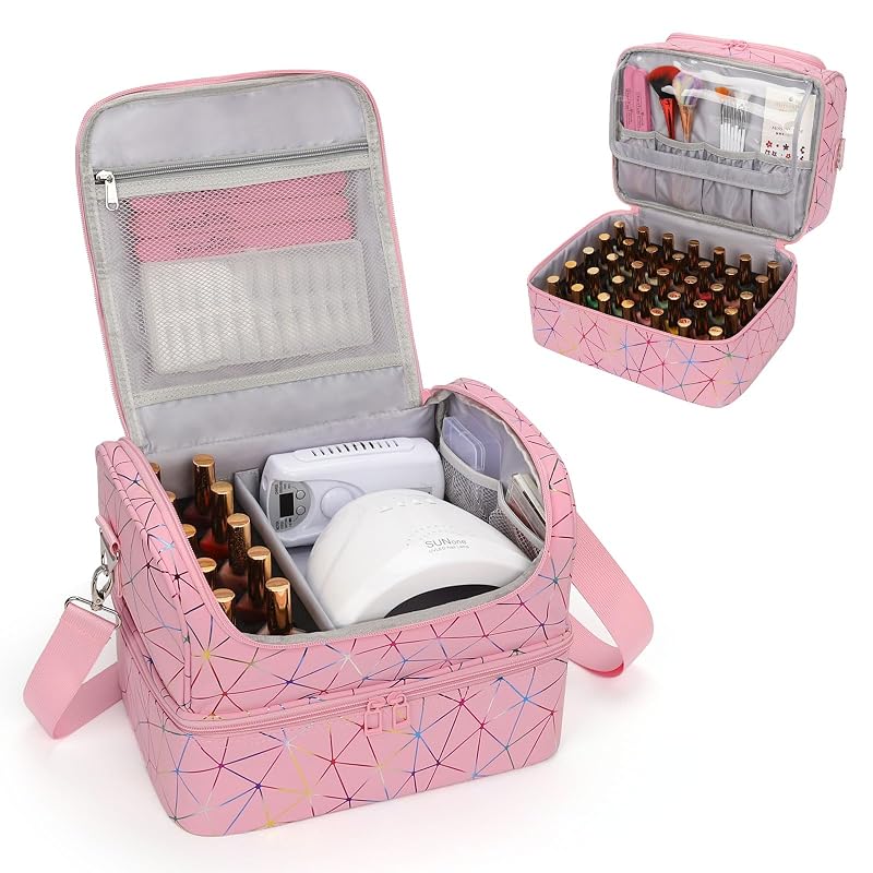 CUBETASTIC Estojo de viagem para esmaltes, organizador com dois compartimentos, capacidade para 45 frascos e luminária de tamanho grande, rosa