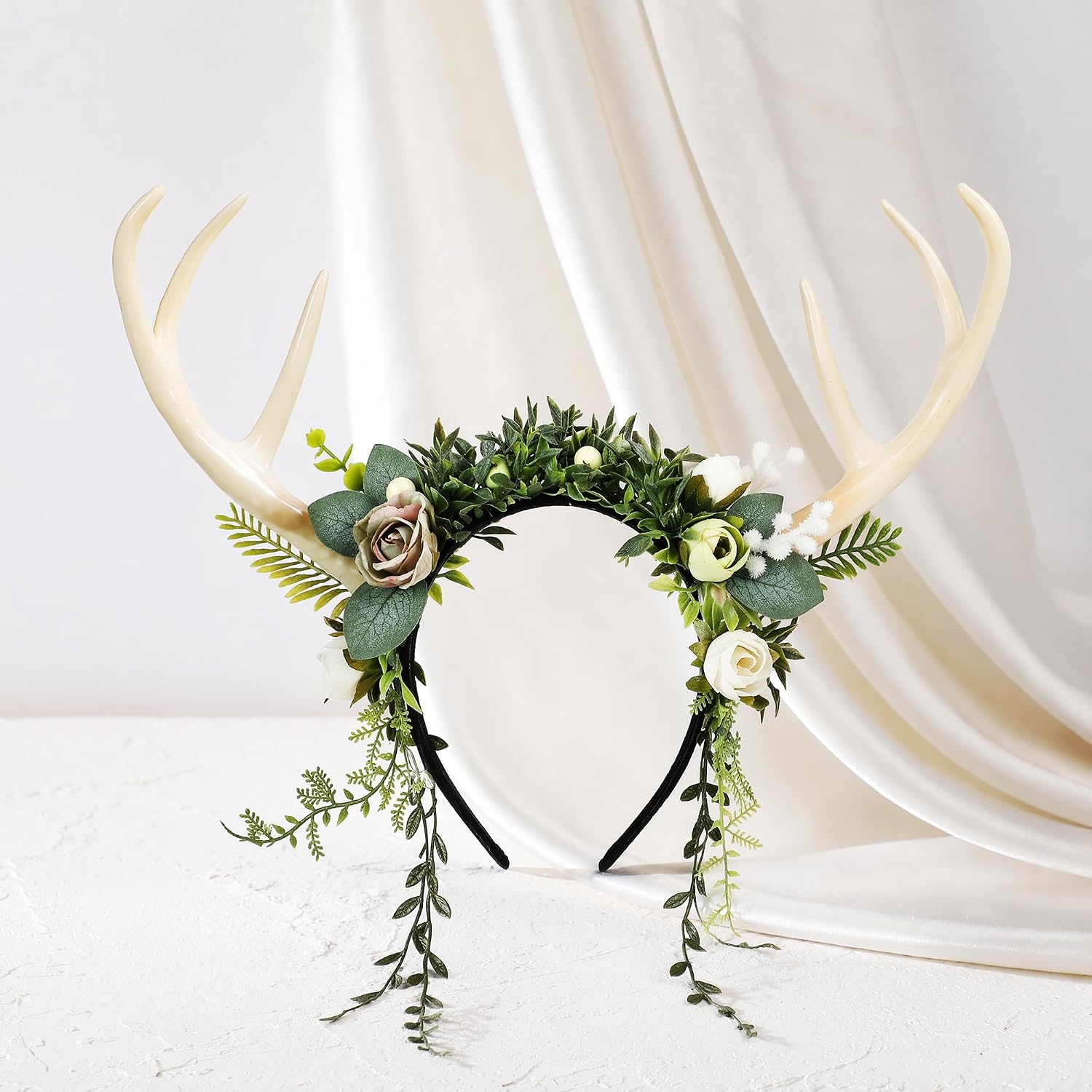 MOSTORY Woodland Deer Antlers Headband - Forest Flower Reindeer Headband for Cosplay Renaissance Renfaire Fairycore