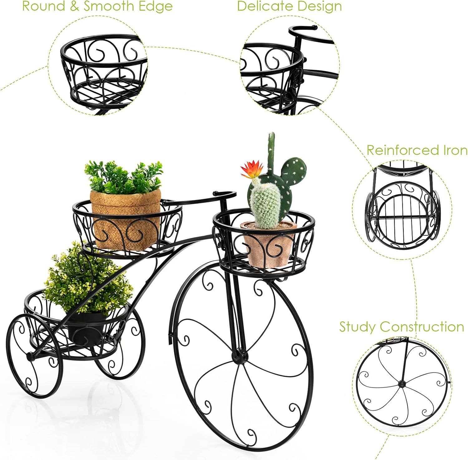 Bicycle Planter, Flower Pot Stand with 3 Decorative Wheels, 3 Collection Baskets, Metal Steel Frame, Tricycle Plant Stand for Outdoor, Indoor, Home, Balcony, Patio, Garden, Backyard