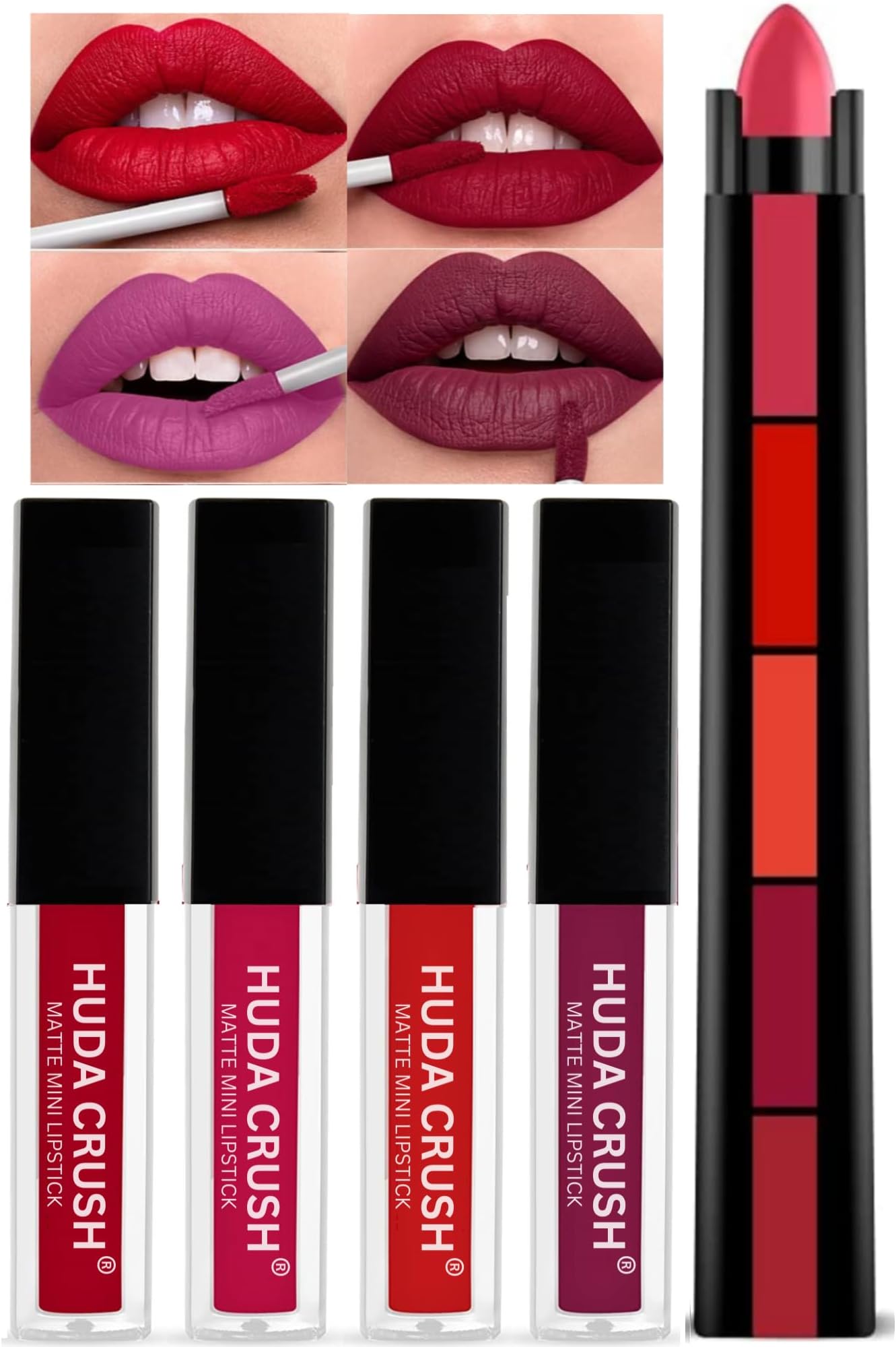 HUDACRUSH Beauty Red Lipstick Combo Pack - 4Pcs Liquid Mini Lipsticks & 5in1 Matte Lipstick Set for Women - Long Lasting, Waterproof Lip Color