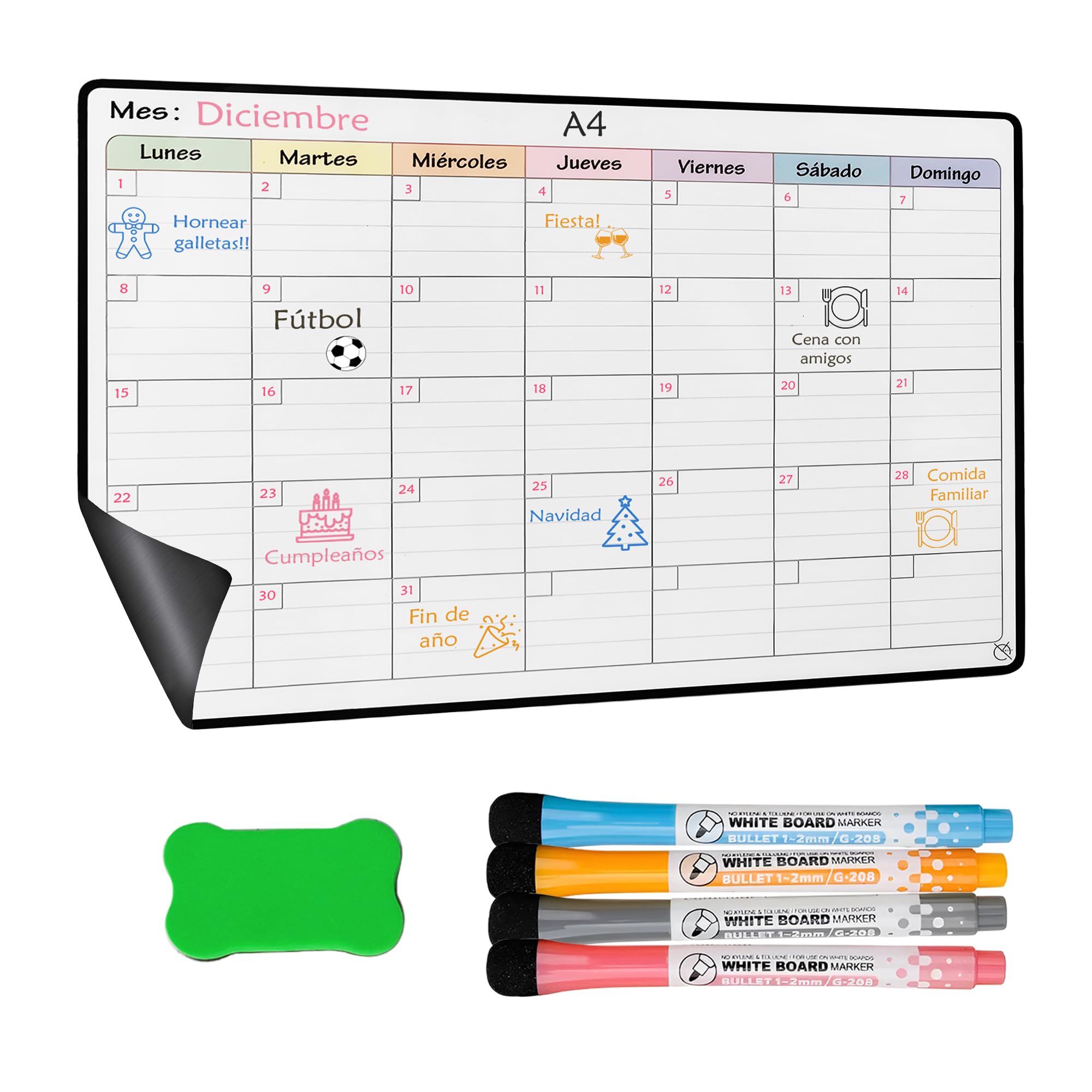 Calendario Magnético Nevera Planificador Mensual o Semanal + 4 Rotuladores y 1 Borrador de Regalo | Opciones en Tamaños A4 y A3 | Ideal como Organizador Semanal (MENSUAL A4)