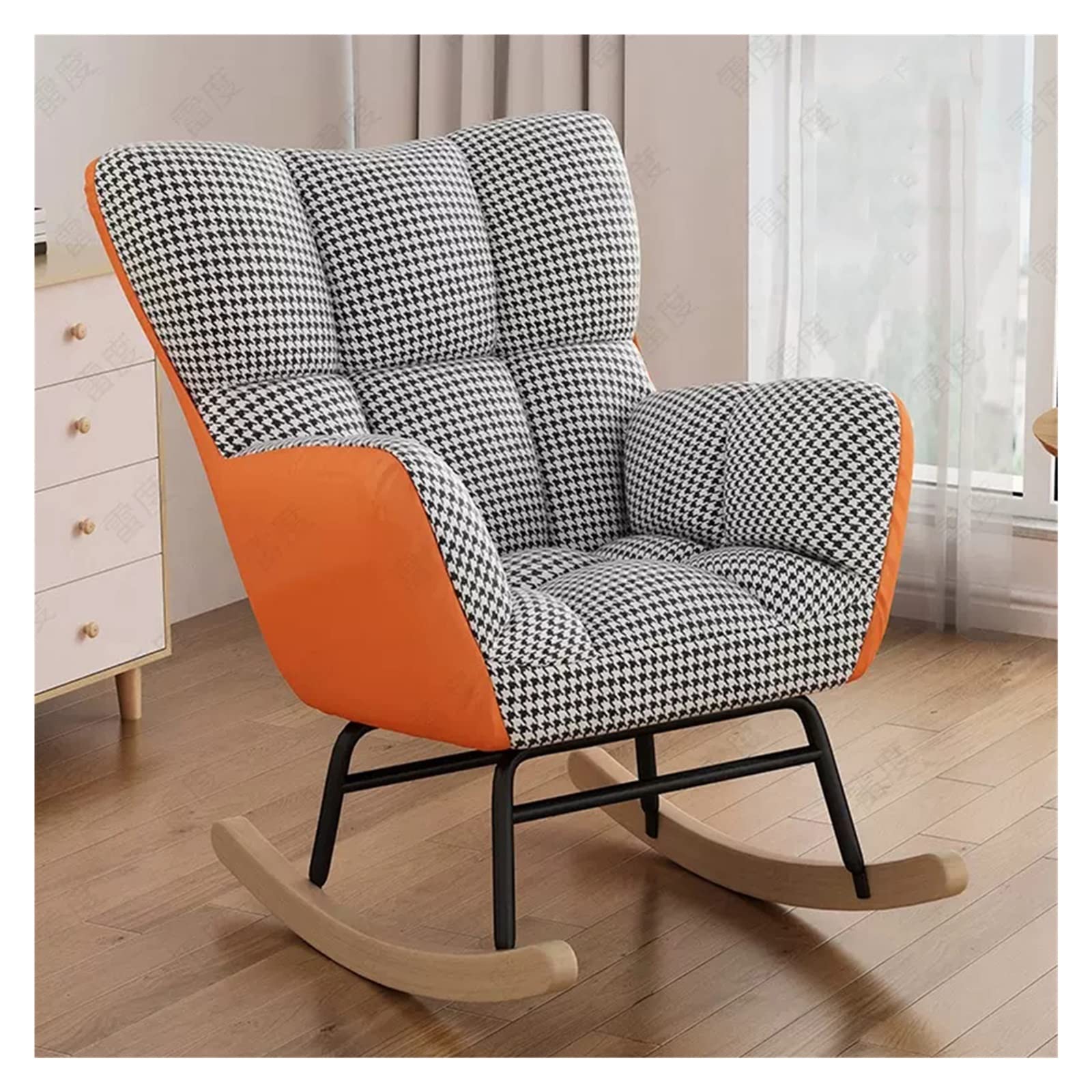 Fauteuil à bascule en velours et bois massif avec dossier haut confortable
