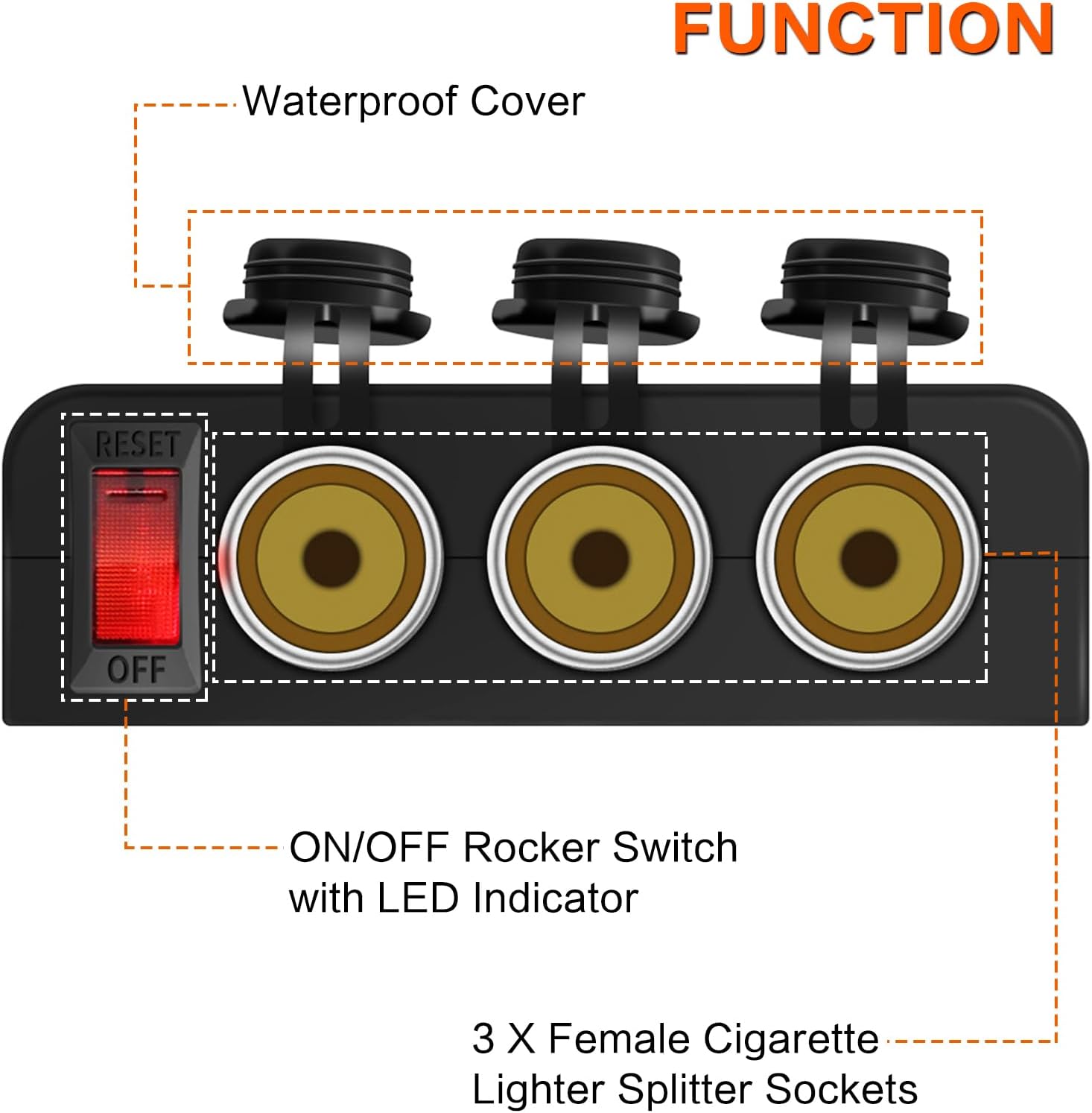 3 Socket Cigarette Lighter Splitter 12V Power Outlet Adapter with Red LED On/Off Switch Waterproof Female Power Socket for Car Rv Truck Marine Boat ATV UTV Van