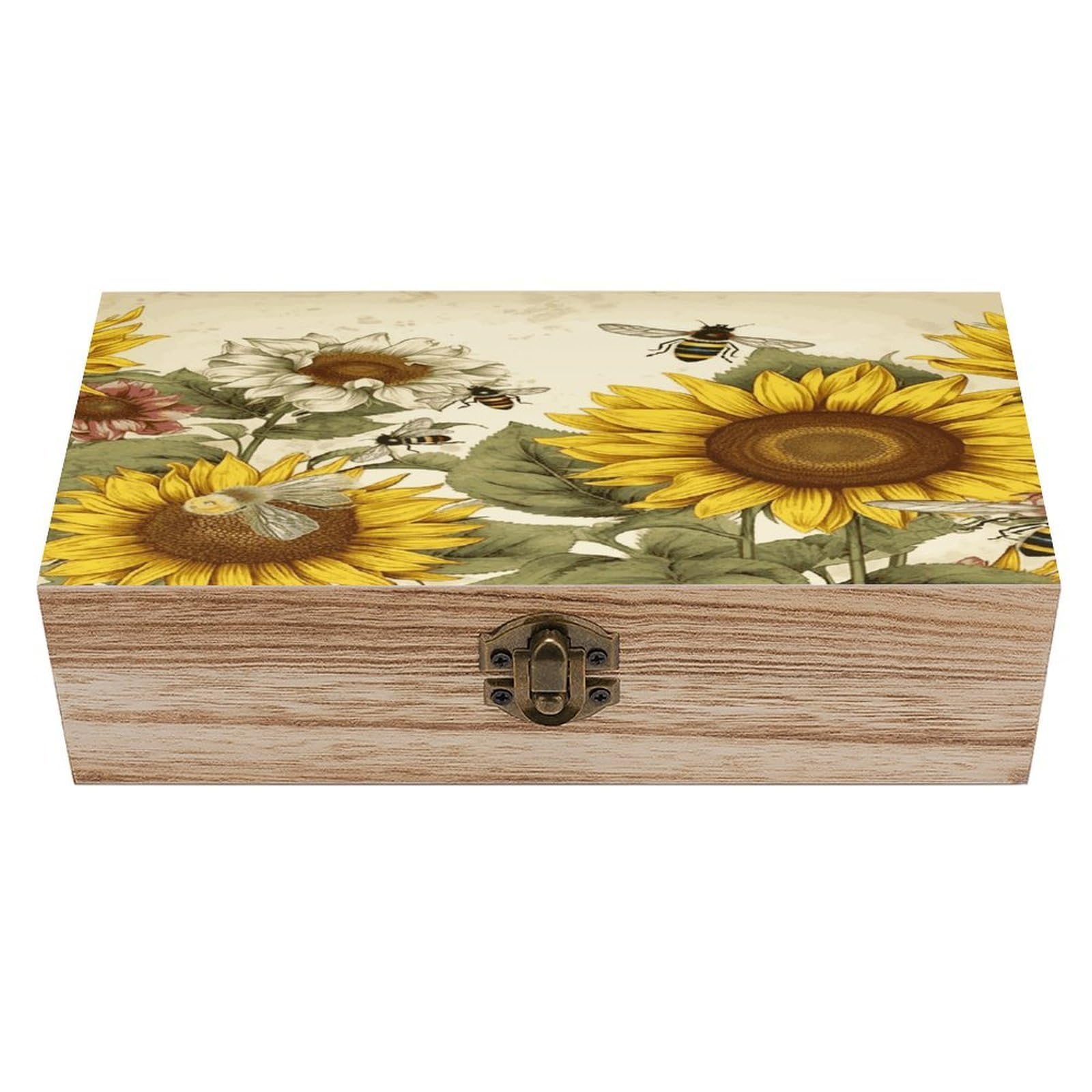 JTREHY Bees Sunflowers Daisy Rose Flowers Wooden Keepsake Box Vintage-Style Wood Keepsake Case with Hinged Lid Solid Wood Boxes Beautifully Memory Treasure Case Vintage-Style Wooden Storage Box