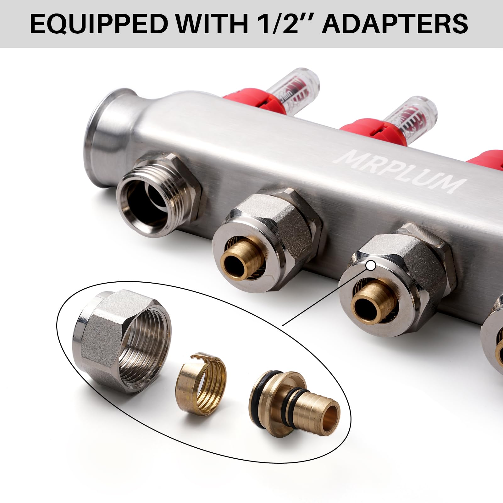 Colector de calor radiante de 2 ramas, colector PEX de acero inoxidable con salidas compatibles para calefacción de suelo radiante hidrónico (adaptadores de 1,27 cm incluidos)