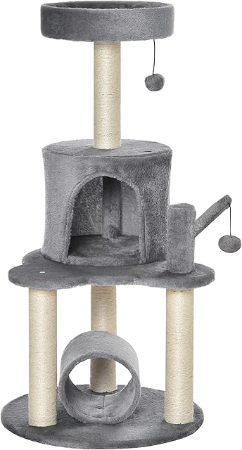 PawHut Cat Tree Tower for Indoor Cats Climbing Activity Center Kitten Furniture with Jute Scratching Post Bed Tunnel Perch Hanging Balls Grey