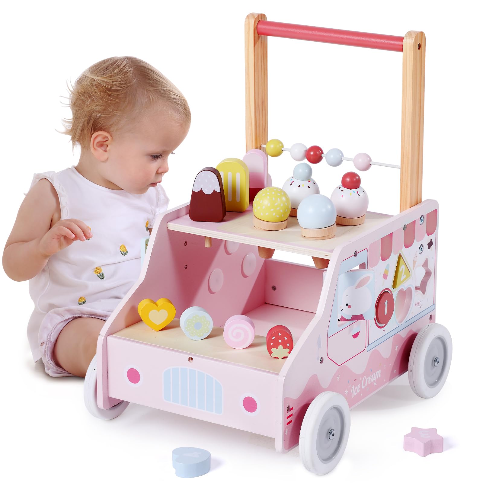 labebe Wooden Baby Walker, Push Activity Walker for Kids 12M+, Multifunctional Ice Cream Cart Activity, Adjustable Speed Learning Walking with Wheels, Birthday Gift for Girls Boys Ages 1-3 (Pink)