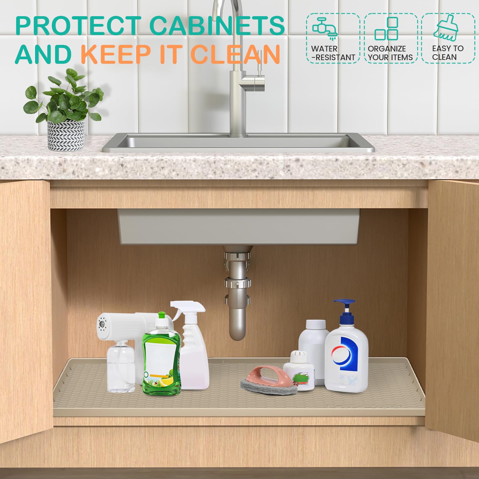Tapete de silicona para debajo del fregadero, 34 x 19 pulgadas, impermeable, organizadores y almacenamiento para debajo del fregadero, protector de fregadero y gabinete, bandeja debajo del